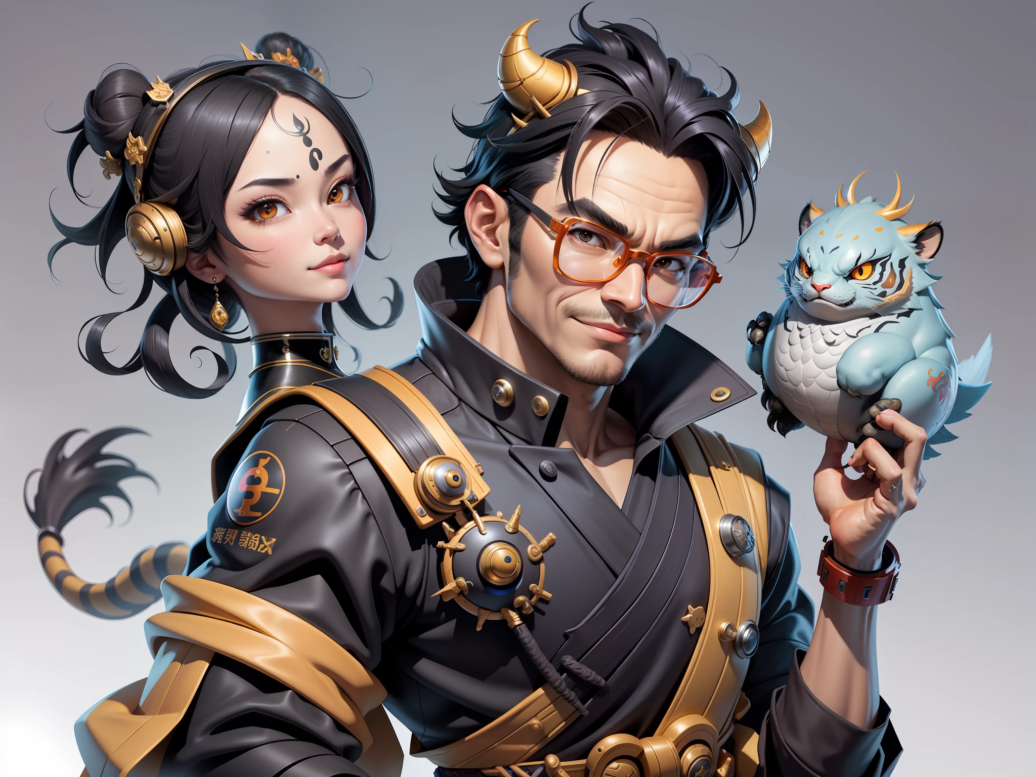 (Masterpiece), (Excellent), (Super Meticulous), (Full Body: 1.2), Super Young Man with Japanese Female Geisha, Pretty, Beautiful, Chinese Dragon, Tiger, Wind God Thor, Sexy, Bursting, Oriental Face, TV Anchor, Bust Portrait Illustration, Black Suit, Blue Tie, Slightly Chubby Face, Silver Glasses, Very Clean Face, No Beard on Chin, Black Super Short Hair, Black Eyes, Confident Smile, 3c Computer Sub-Products, iPad, iPhone, Digital Painting, 3D character design by Mark Clairedon and Pixar and Hayao Miyazaki and Akira Toriyama, the illustrations are HD illustrations in 4K resolution with highly detailed facial features and cartoon-style visuals.