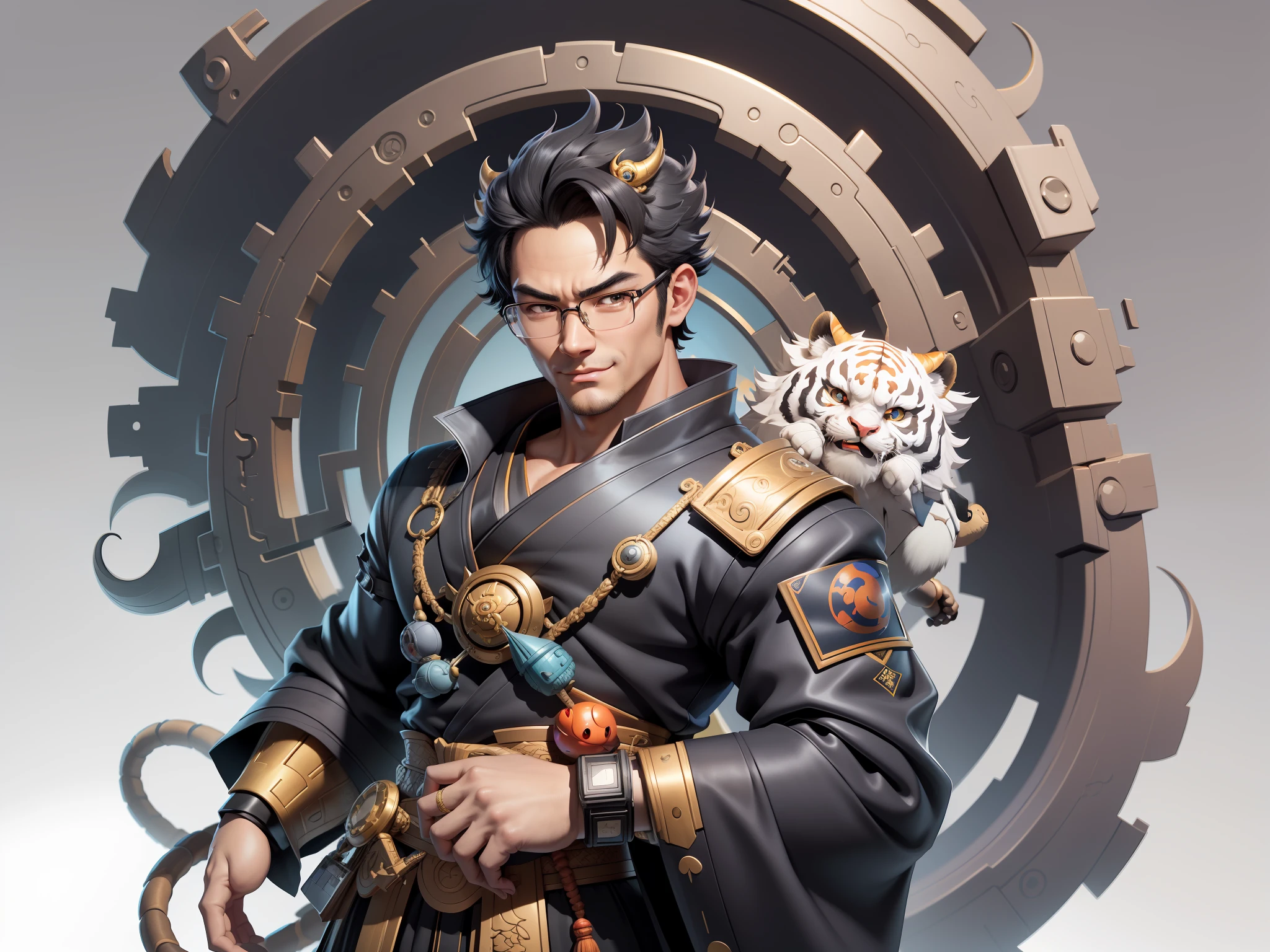 (Masterpiece), (Excellent), (Super Meticulous), (Full Body: 1.2), Super Young Man with Japanese Female Geisha, Pretty, Beautiful, Chinese Dragon, Tiger, Wind God Thor, Sexy, Bursting, Oriental Face, TV Anchor, Bust Portrait Illustration, Black Suit, Blue Tie, Slightly Chubby Face, Silver Glasses, Very Clean Face, No Beard on Chin, Black Super Short Hair, Black Eyes, Confident Smile, 3c Computer Sub-Products, iPad, iPhone, Digital Painting, 3D character design by Mark Clairedon and Pixar and Hayao Miyazaki and Akira Toriyama, the illustrations are HD illustrations in 4K resolution with highly detailed facial features and cartoon-style visuals.