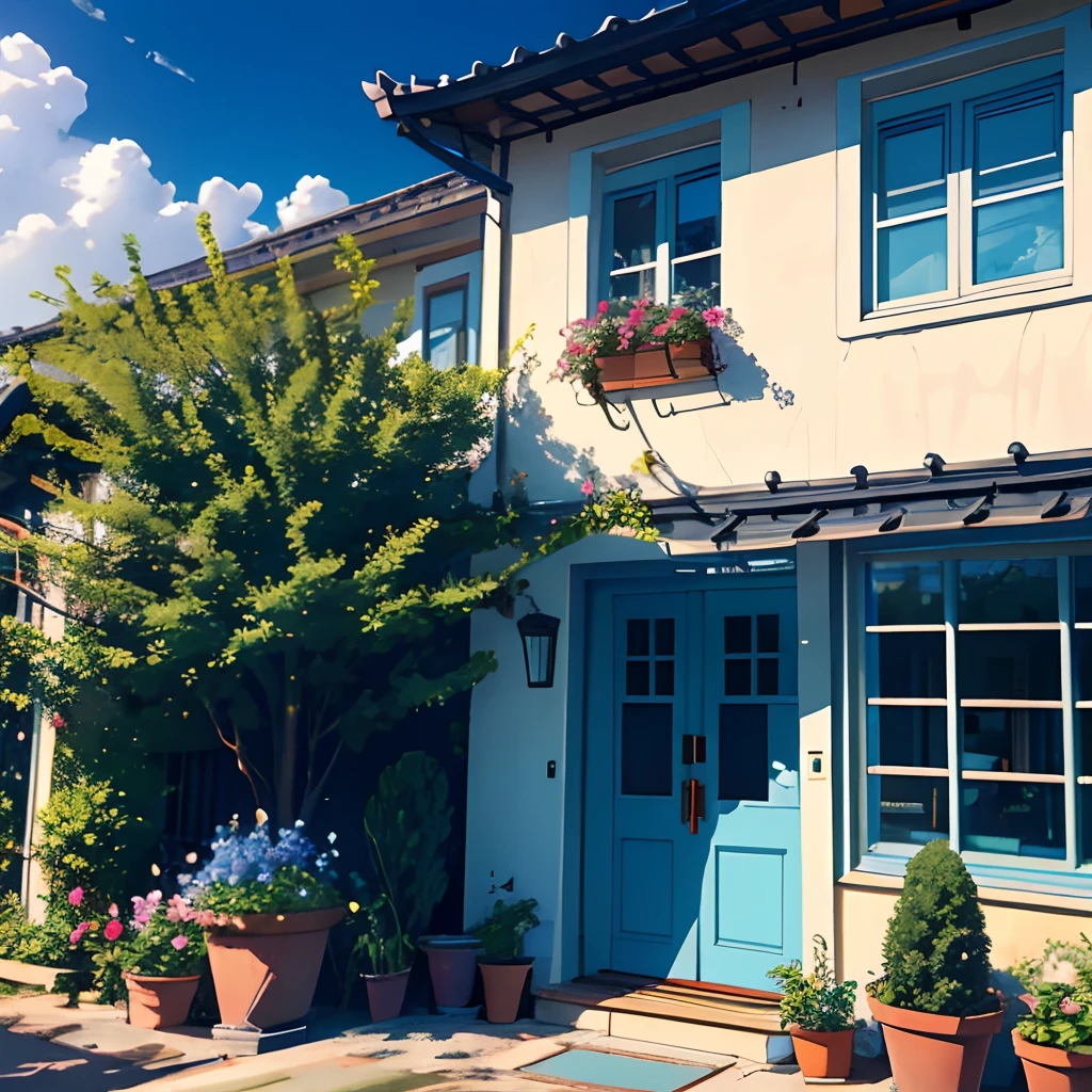 scenery,sky,plant,tree,outdoors,day,house,potted plant,building,no humans,cloud,window,blue sky,recording,flower pot,door,bush,viewfinder,architecture,no one,without humans,4k,高分辨
