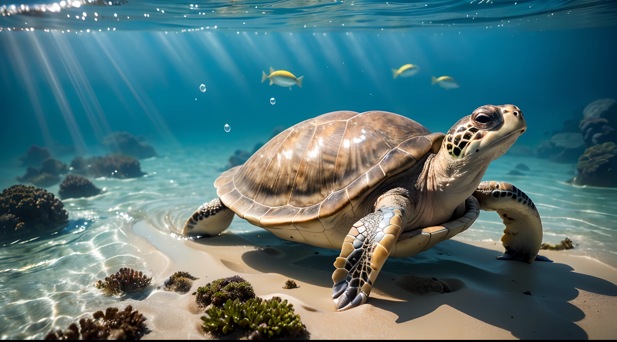 Masterpiece,high qulity,Highest high resolution,Complicated details,Cute little turtle,Swim freely in the sea,Clear, realistic water,Ray traching,reali