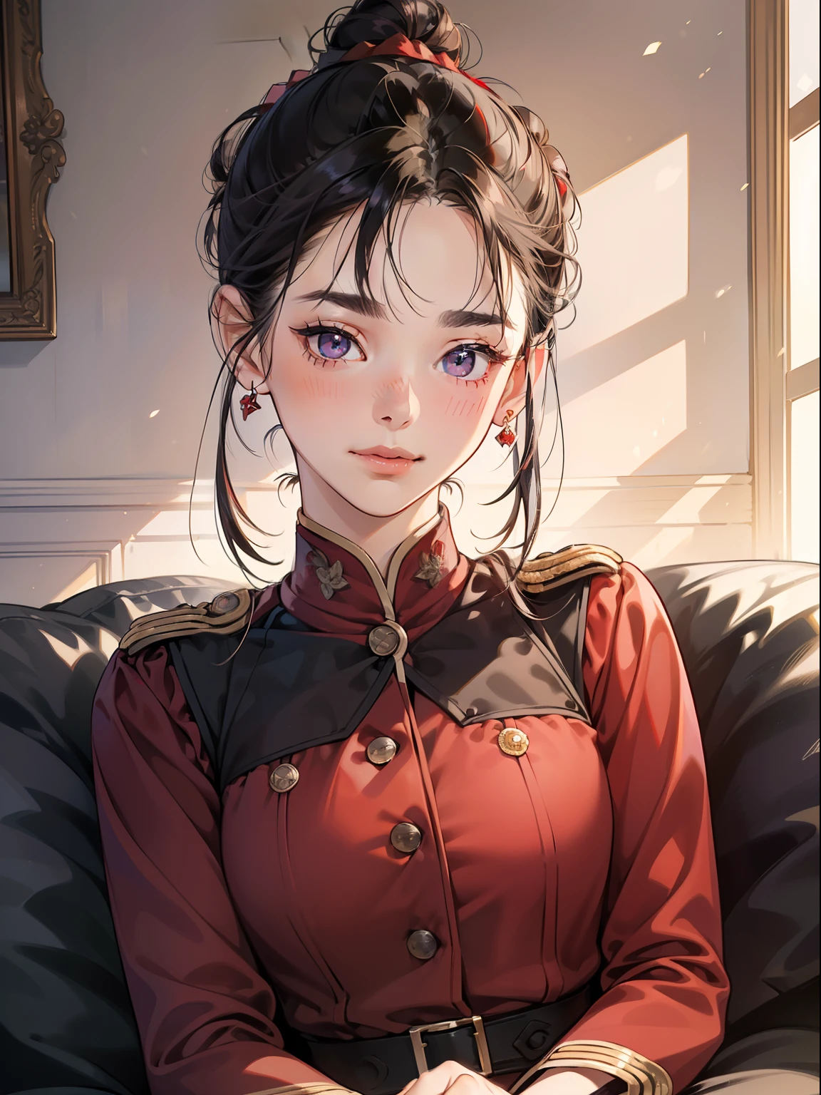 masterpiece, best quality, realistic, mature female, cute, 15 years old, closed mouth, portrait, extremely detailed face, soft smile , (dark purple eyes), ((with single black hair bun), ((front bangs hair)), [thin eyebrows], ((red uniform dress)), no makeup, light smile, ear blush, light blush, short eyelashes, 4k, living-room