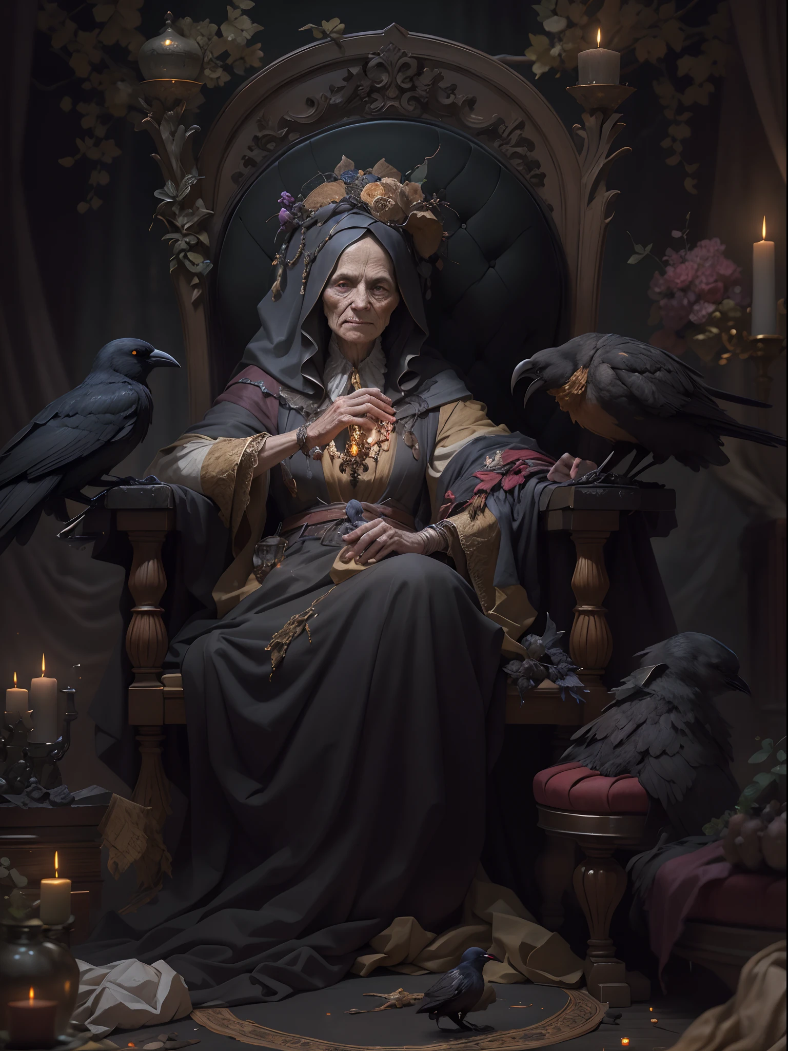 An old witch sits in a Kadilau chair in the background,She was holding a Soniste crow, Packed on sheets, hermit, Marble statue of, Deep octane rendering, Candlelight lighting, baroque, European, Look sideways at the camera, Anatomically correct, Super detailed