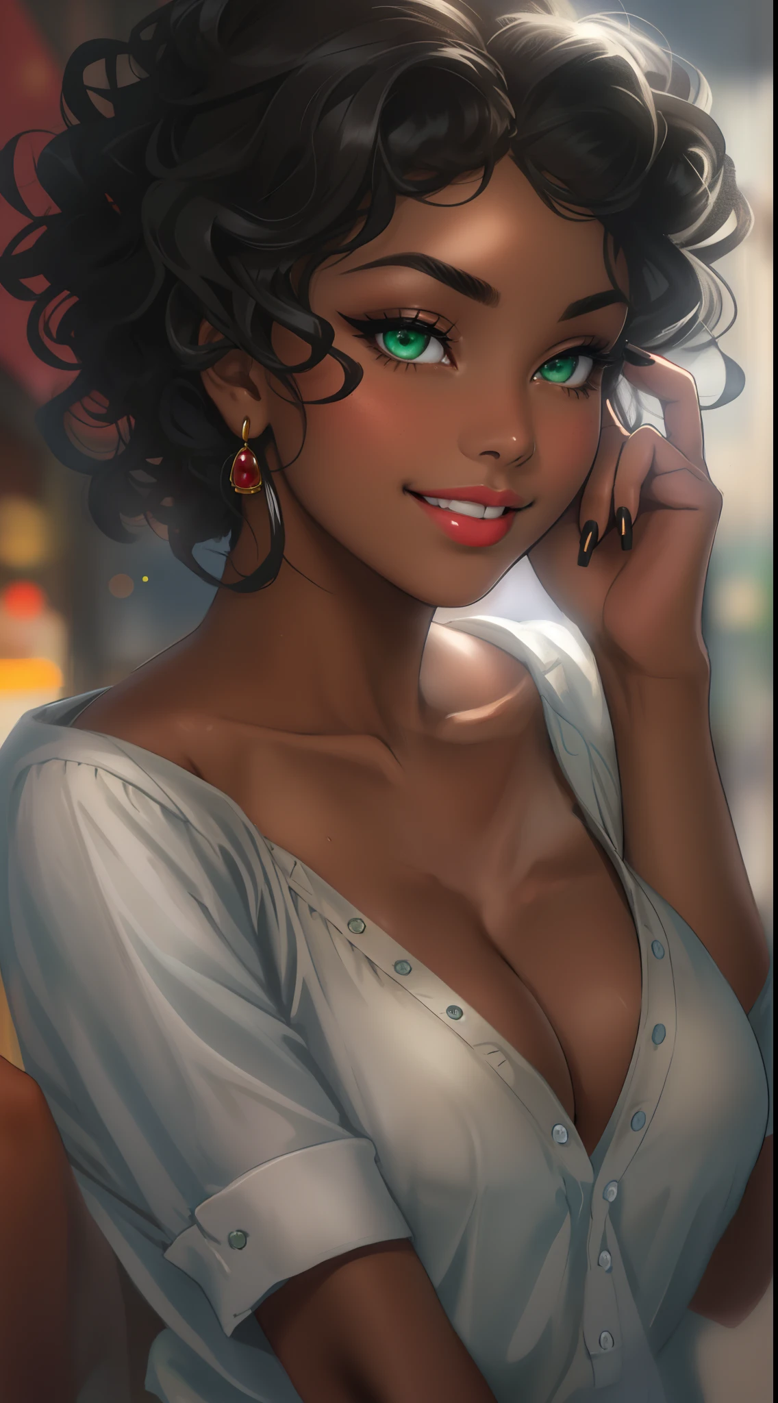 ((((A young woman))), the anime, ( Green eyes), (black hair), Nice face, ssmile, the perfect body, , (((morena))), big breastes, ((tmasterpiece, beste-Qualit)), illustartion, Ультра деталпазированная 8k, Photorealistic, sharp-focus, higly detailed, Professional lighting, Bright make-up, red-lips, Toenails and fingernails are varnished, (dark skin:1,2), short stature, dark skin, Indian woman, African curly hair, Afro-curls, urban style, casual wear, casual shoes, confectionery, buns, pasties, Cakes, Street, The city, Shops