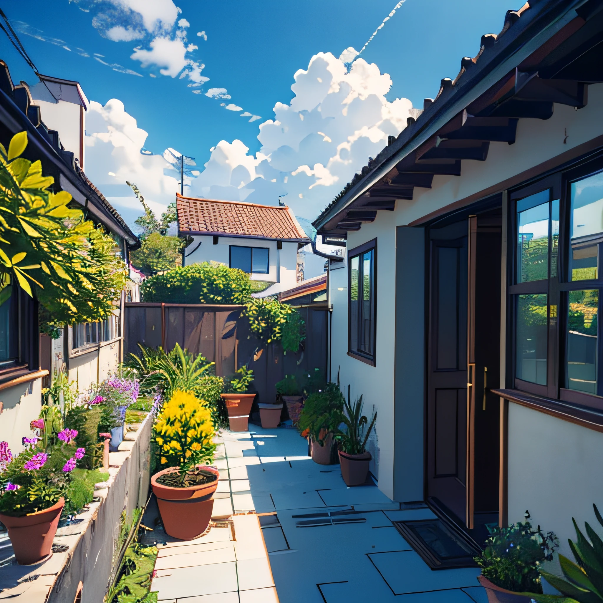 scenery,sky,plant,tree,outdoors,day,house,potted plant,building,no humans,cloud,window,blue sky,recording,flower pot,door,bush,viewfinder,architecture,no one,without humans,4k,高分辨
