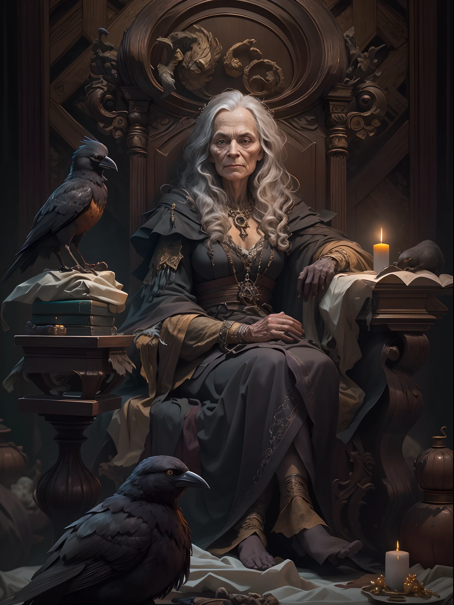 An old witch sits in a Kadilau chair in the background，She was holding a Soniste crow, Packed on sheets, hermit, Marble statue of, Deep octane rendering, Candlelight lighting, baroque, European, Look sideways at the camera, Anatomically correct, Super detailed