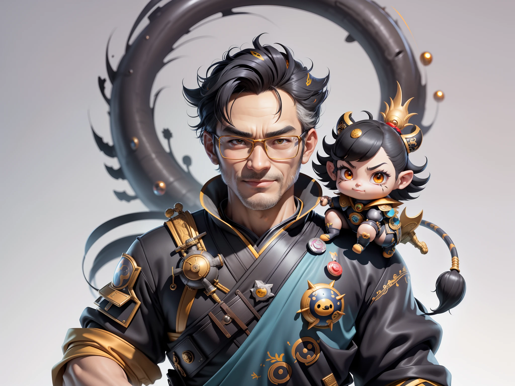 (Masterpiece), (Excellent), (Super Meticulous), (Full Body: 1.2), Super Young Man with Japanese Female Geisha, Pretty, Beautiful, Chinese Dragon, Tiger, Wind God Thor, Sexy, Bursting, Oriental Face, TV Anchor, Bust Portrait Illustration, Black Suit, Blue Tie, Slightly Chubby Face, Silver Glasses, Very Clean Face, No Beard on Chin, Black Super Short Hair, Black Eyes, Confident Smile, 3c Computer Sub-Products, iPad, iPhone, Digital Painting, 3D character design by Mark Clairedon and Pixar and Hayao Miyazaki and Akira Toriyama, the illustrations are HD illustrations in 4K resolution with highly detailed facial features and cartoon-style visuals.