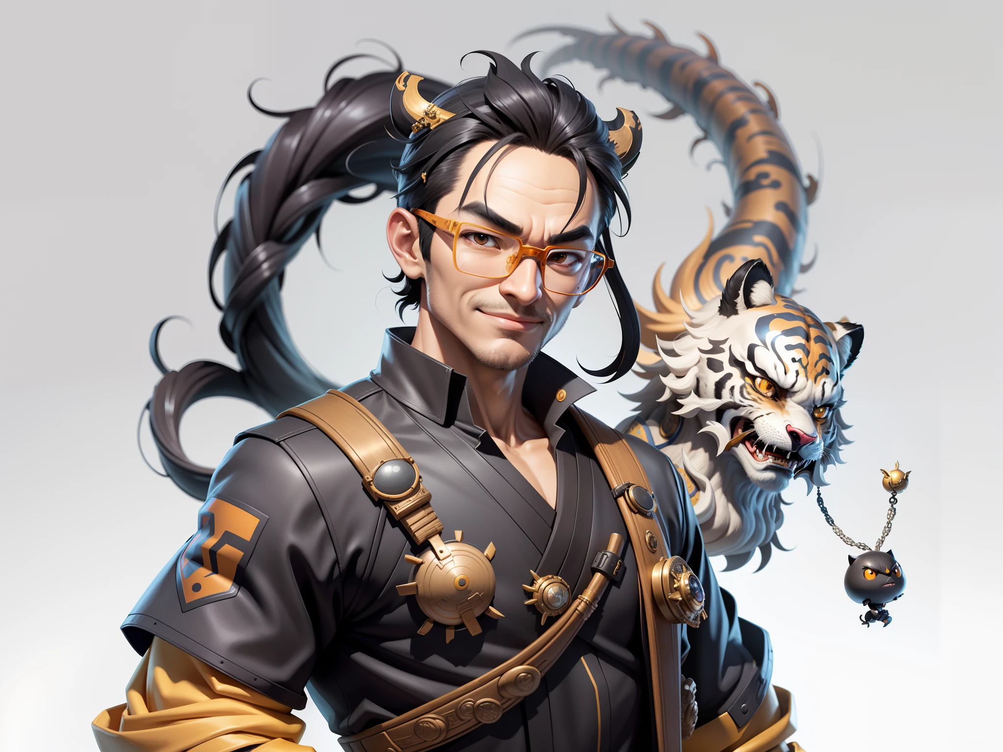 (Masterpiece), (Excellent), (Super Meticulous), (Full Body: 1.2), Super Young Man with Japanese Female Geisha, Pretty, Beautiful, Chinese Dragon, Tiger, Wind God Thor, Sexy, Bursting, Oriental Face, TV Anchor, Bust Portrait Illustration, Black Suit, Blue Tie, Slightly Chubby Face, Silver Glasses, Very Clean Face, No Beard on Chin, Black Super Short Hair, Black Eyes, Confident Smile, 3c Computer Sub-Products, iPad, iPhone, Digital Painting, 3D character design by Mark Clairedon and Pixar and Hayao Miyazaki and Akira Toriyama, the illustrations are HD illustrations in 4K resolution with highly detailed facial features and cartoon-style visuals.