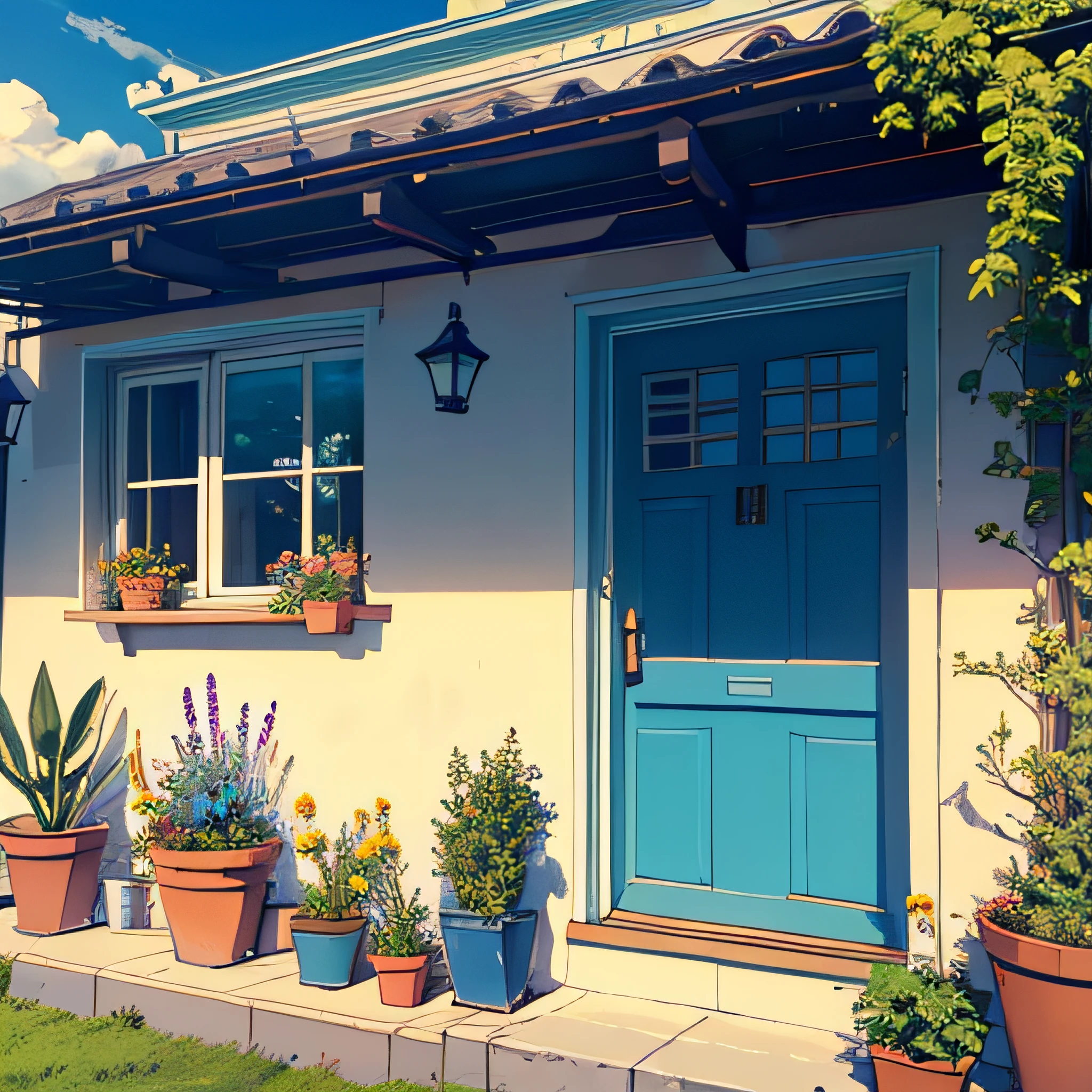 scenery,sky,plant,tree,outdoors,day,house,potted plant,building,no humans,cloud,window,blue sky,recording,flower pot,door,bush,viewfinder,architecture,no one,without humans,4k,高分辨