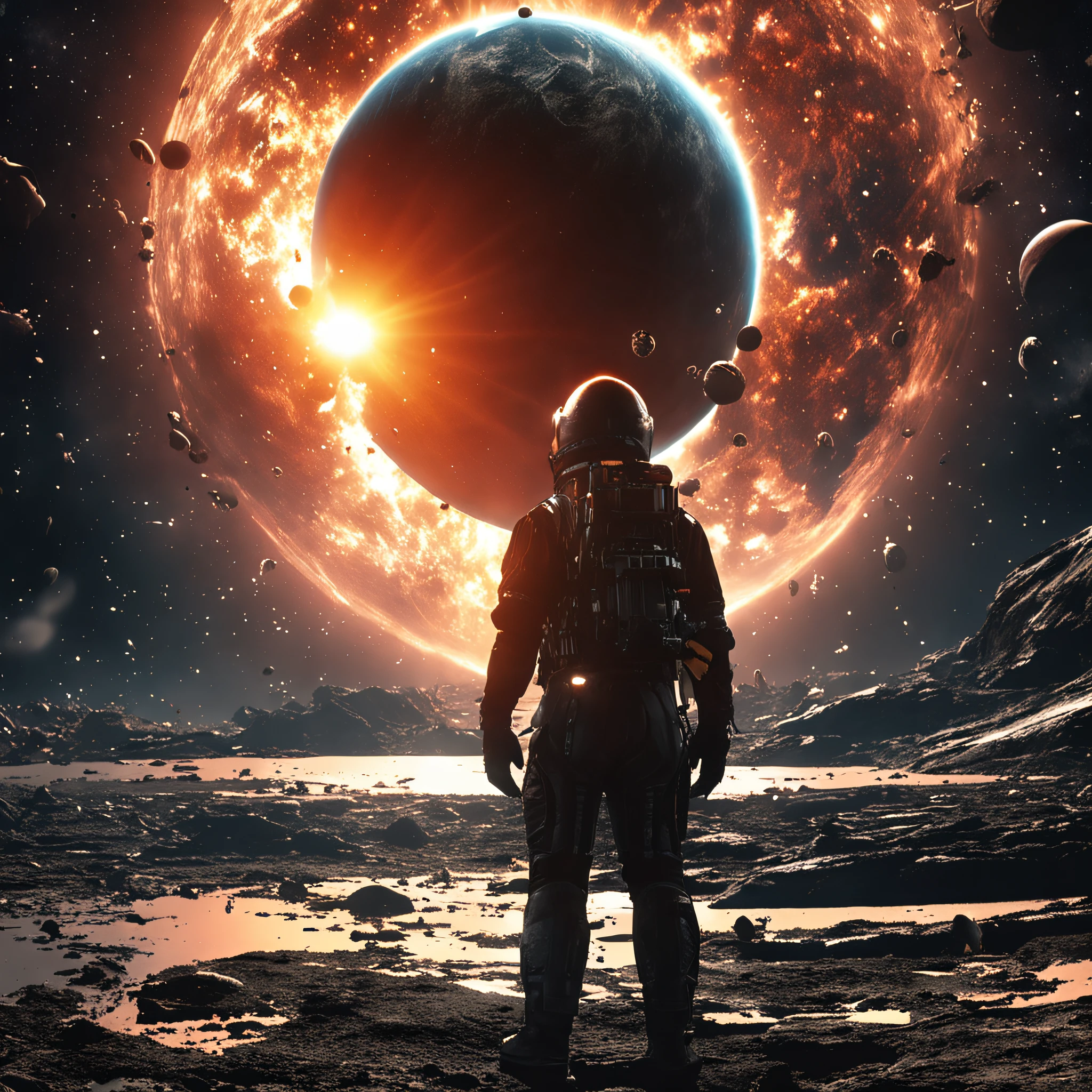 ((Best quality)), ((Masterpiece)), (dramatic scene), The Earth and the Sun collapse into black holes like the Sun, (Post lighting:1.3), As soon as the sun came out, It darkened, (Epic composition:1.2), (The earth is bathed in the glow of random colors:1.3), (CG animation:1.1), Flames and debris are inhaled, (Emergency atmosphere:1.2), (The spacecraft was evacuated urgently:1.3),(Open the space wormhole:1.3),People fleeing, (movie atmosphere:1.3), Nebulae and galaxies in the background, (High contrast:1.1), (8K resolution:1.0),