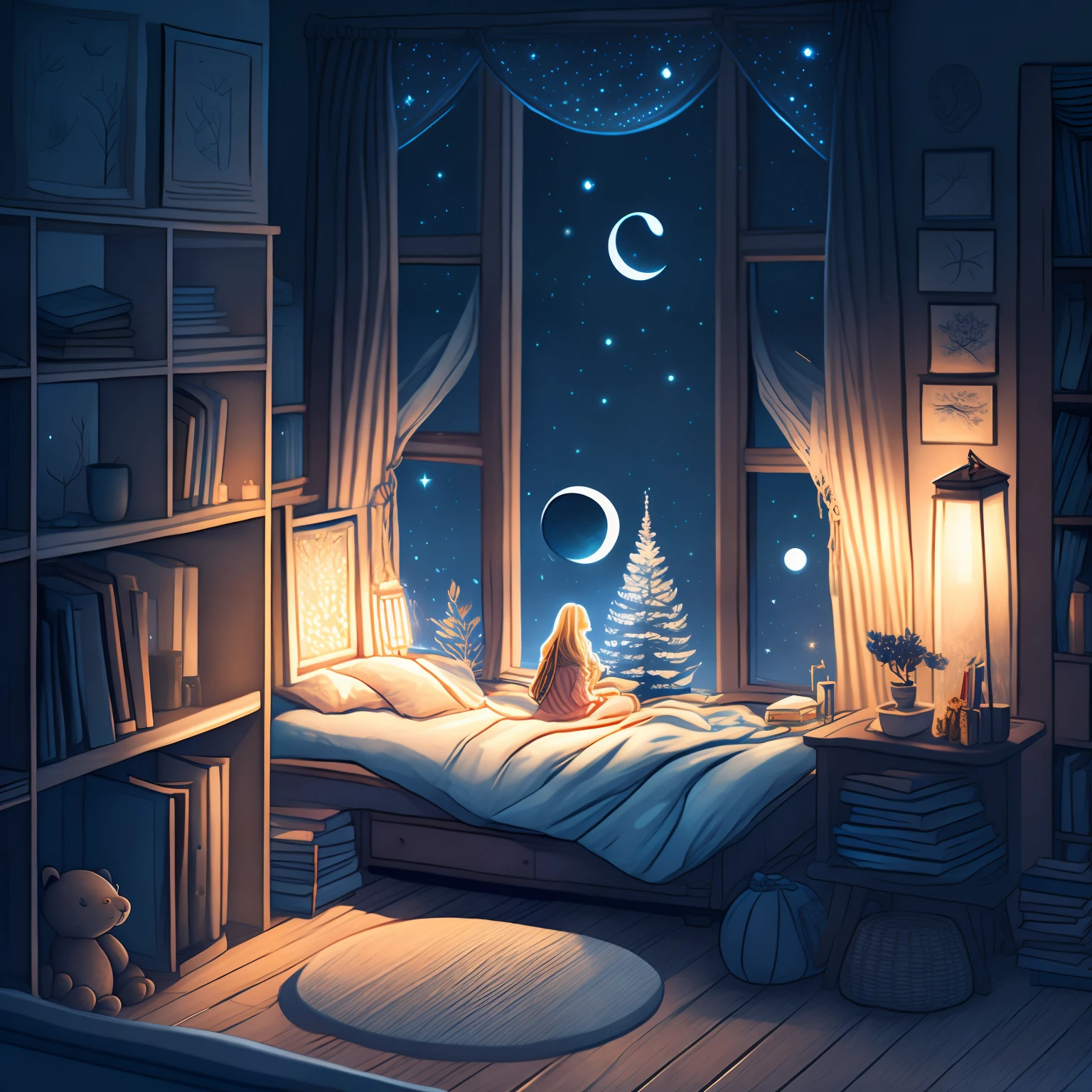 Cozy room at night, Moonlight shining through the window, detailed illustration, comic strip、1girll