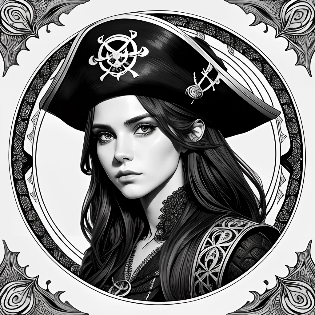 Centred potrait of a female Pirate, black and white, zentangle (best quality) ultra-detailed, fine line drawing, fine line art, coloring book illustration style, intricate linework, highly detailed illustration, perfect composition, beautiful and stunning, dynamic angle, high contrast, incredible shading, incredible detail, unique style, black and white details, (dark and mystical atmosphere), intricate and detailed nature elements.