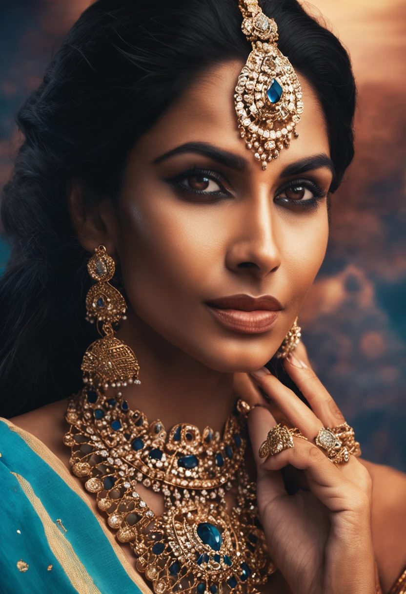 goddess sita, goddess of india, black hair, detailed eyes, detailed face, diamond necklace, big blue diamond, wears sari, traditional indian clothing,