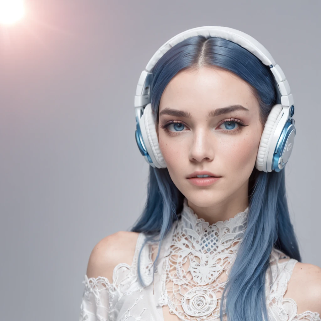 Young woman wears light makeup on her face. Skull pattern style. Blue shoulder-length hair. Blue eyes. Use white headphones. She wears gray T-shirt. White background in a highly technological environment. High details, realistic, hyper intricate details, 8k, cinematic lighting, cinematic.