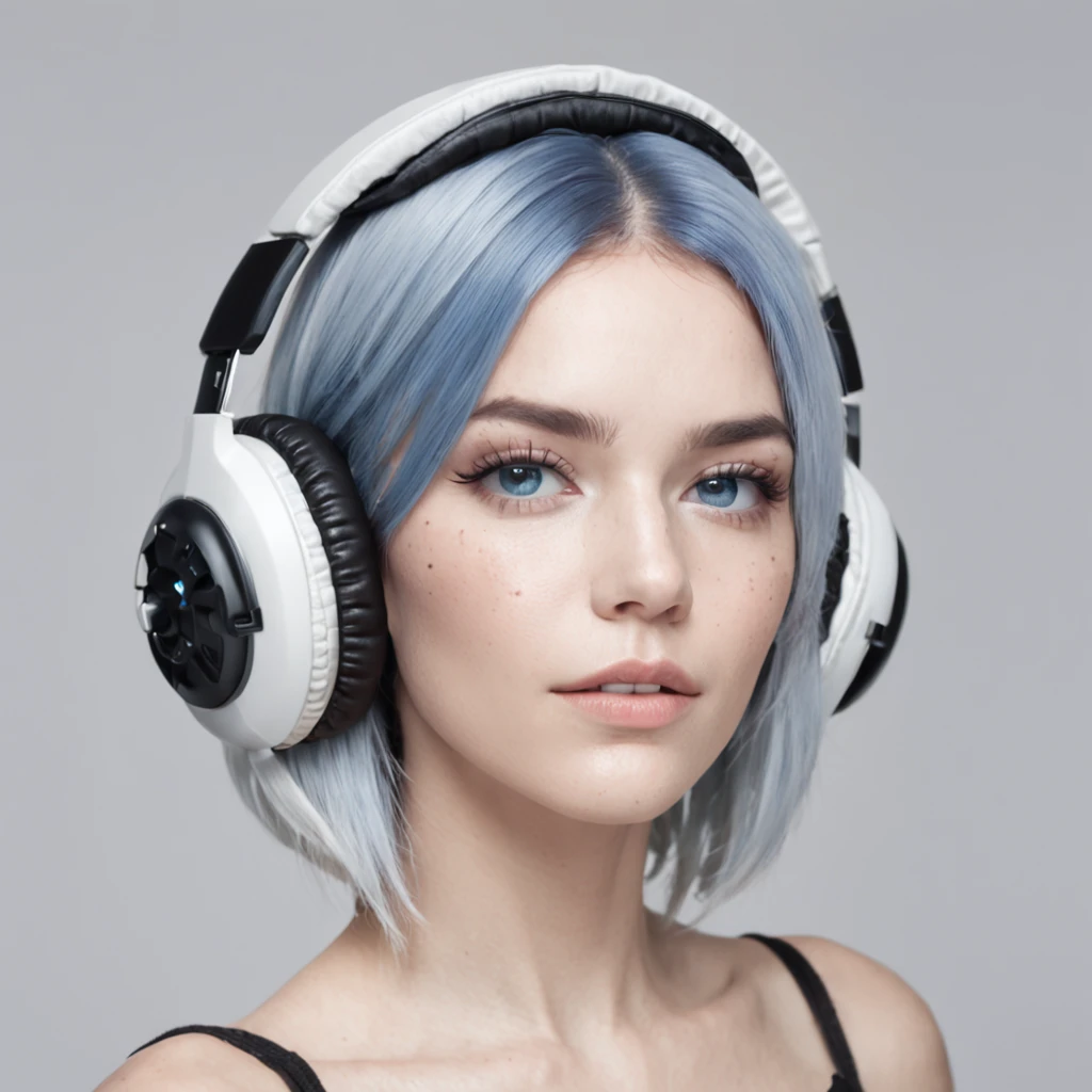 Young woman wears light makeup on her face. Skull pattern style. Blue shoulder-length hair. Blue eyes. Use white headphones. She wears gray T-shirt. White background in a highly technological environment. High details, realistic, hyper intricate details, 8k, cinematic lighting, cinematic.