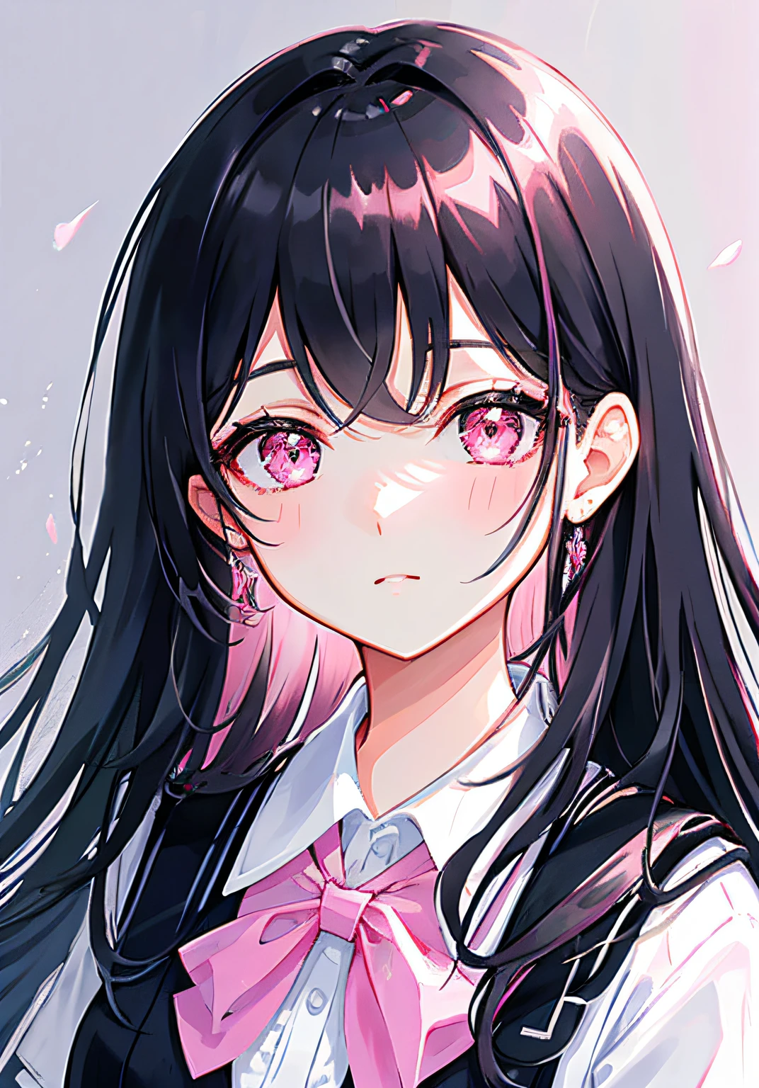 Masterpiece, Best quality, Ultra-detailed, illustration, Portrait, 1girll, black_Hair, Pink eyes,  Long hair,  school uniform