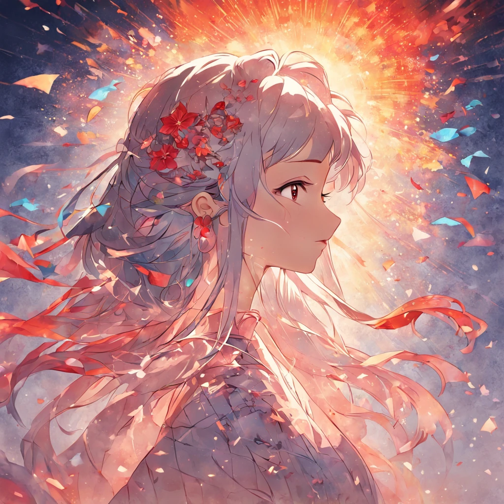 (White background:1.4),(Silhouette of a girl's head, Eyes closed, colorfull long hair, Oriental elements)，(Chinese illustration:1.3，paper art:1.3, Quilted paper art:1.2),( reasonable design, Clear lines, High sharpness,Best quality, Very detailed, Masterpiece, movie light effect, 4K )