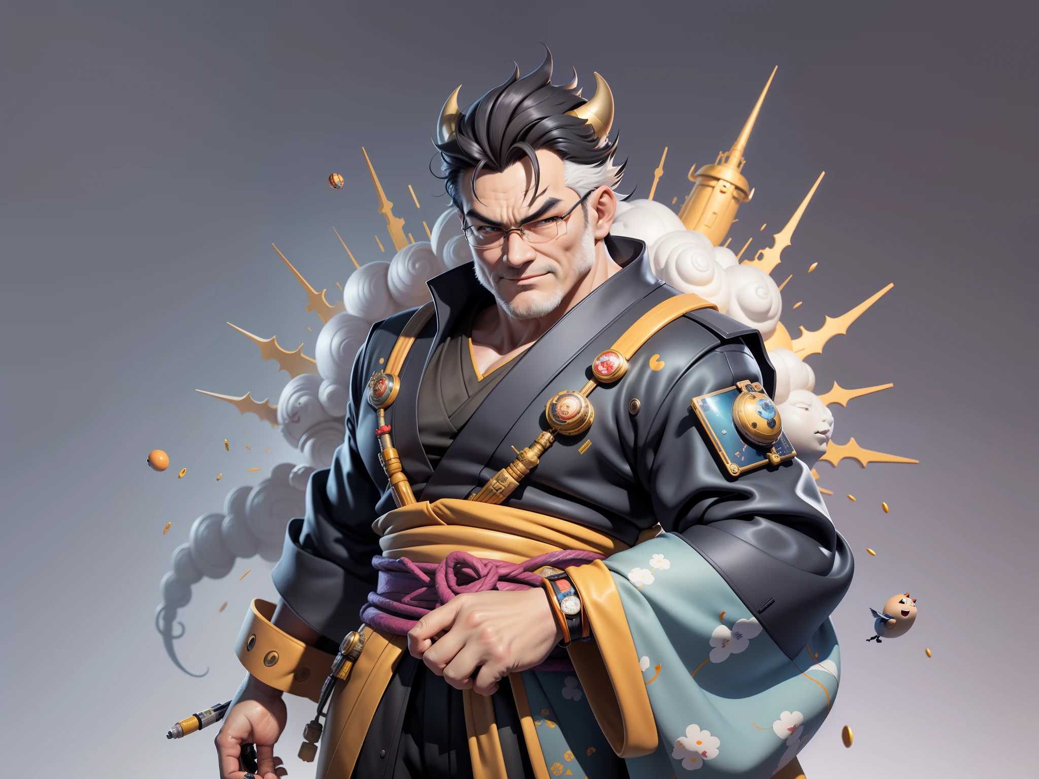 (Masterpiece), (Excellent), (Super Meticulous), (Full Body: 1.2), Super Young Man, Oriental Face, Japanese Kimono, Japanese Wind Thunder God, Dragon, Tiger, TV Anchor, Bust Portrait Illustration, Alone, Black Suit, Blue Tie, Slightly Chubby Face, Very Clean Face, No Beard, Black Super Short Hair, Black Eyes, Confident Smile, 3c Computer Sub-Products, iPad, iPhone, Digital Painting, 3D Character Design by Akira Toriyama and Mark Claireden and Pixar and Hayao Miyazaki, The illustration is a high-definition illustration in 4K resolution with very detailed facial features and cartoon-style visuals.
