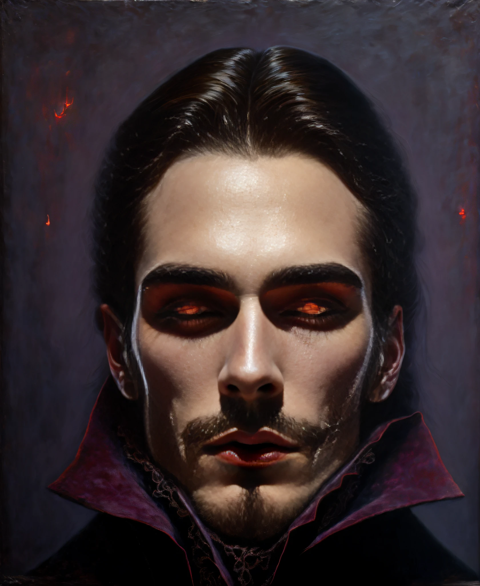 In the dimly lit room, a captivating portrait emerges from the darkness. The canvas is adorned with an exquisite image that lures the viewer deep into the captivating world of a vampire male. The subject, seemingly frozen in time, possesses a haunting beauty that both intrigues and entices.With a pale complexion that glows ethereally, the vampire's porcelain skin contrasts with the obsidian darkness enveloping the background. Fiery crimson locks cascade around their elegantly poised figure, adding a touch of vibrancy to the otherwise shadowy scene.The vampire's piercing, amethyst eyes seem to hold within them a depth of eternity, reflecting the hidden secrets and untold stories that lie beneath their immortal existence. The artist masterfully captures the creature's gaze, so intense that it draws the viewer into a captivating trance, a chilling combination of allure and danger.
Every minute detail of the vampire's seductive visage is meticulously brought to life on the canvas. Delicate fangs delicately protrude from their parted lips, hinting at the insatiable thirst that resides within their supernatural essence. Yet, there is an undeniable mystique, an irresistible aura of power that emanates from their evocative image.The portrait is painted in rich, velvety hues, an intricate dance of ambers, purples, and blacks that create a mesmerizing nocturnal symphony. Shadows blend seamlessly with highlights, revealing a mastery of chiaroscuro technique, lending a timeless quality to the work of art.Though the portrayal is surreal, a symphony of skillful brushstrokes and impeccable attention to detail render it tangible and lifelike. The texture of the vampire's silky clothing can almost be felt, as if the fabric was woven meticulously onto the canvas. The play of light and shadow creates a subtle illusion of depth, inviting the viewer to explore the enigmatic depths of this vampiric world.In this hypnotic artwork, the vampiric ((male: 1.9)