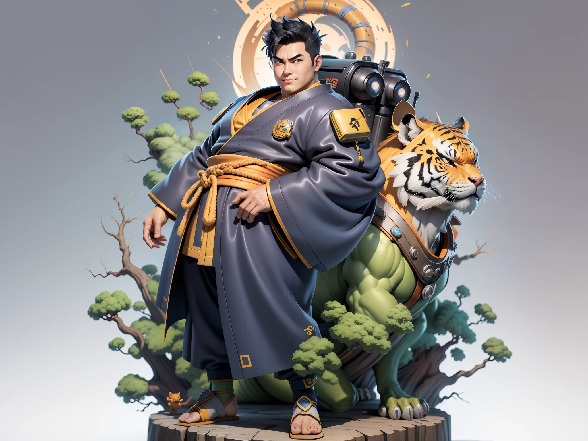 (Masterpiece), (Excellent), (Super Meticulous), (Full Body: 1.2), Super Young Man, Oriental Face, Japanese Kimono, Japanese Wind Thunder God, Dragon, Tiger, TV Anchor, Bust Portrait Illustration, Alone, Black Suit, Blue Tie, Slightly Chubby Face, Very Clean Face, No Beard, Black Super Short Hair, Black Eyes, Confident Smile, 3c Computer Sub-Products, iPad, iPhone, Digital Painting, 3D Character Design by Akira Toriyama and Mark Claireden and Pixar and Hayao Miyazaki, The illustration is a high-definition illustration in 4K resolution with very detailed facial features and cartoon-style visuals.