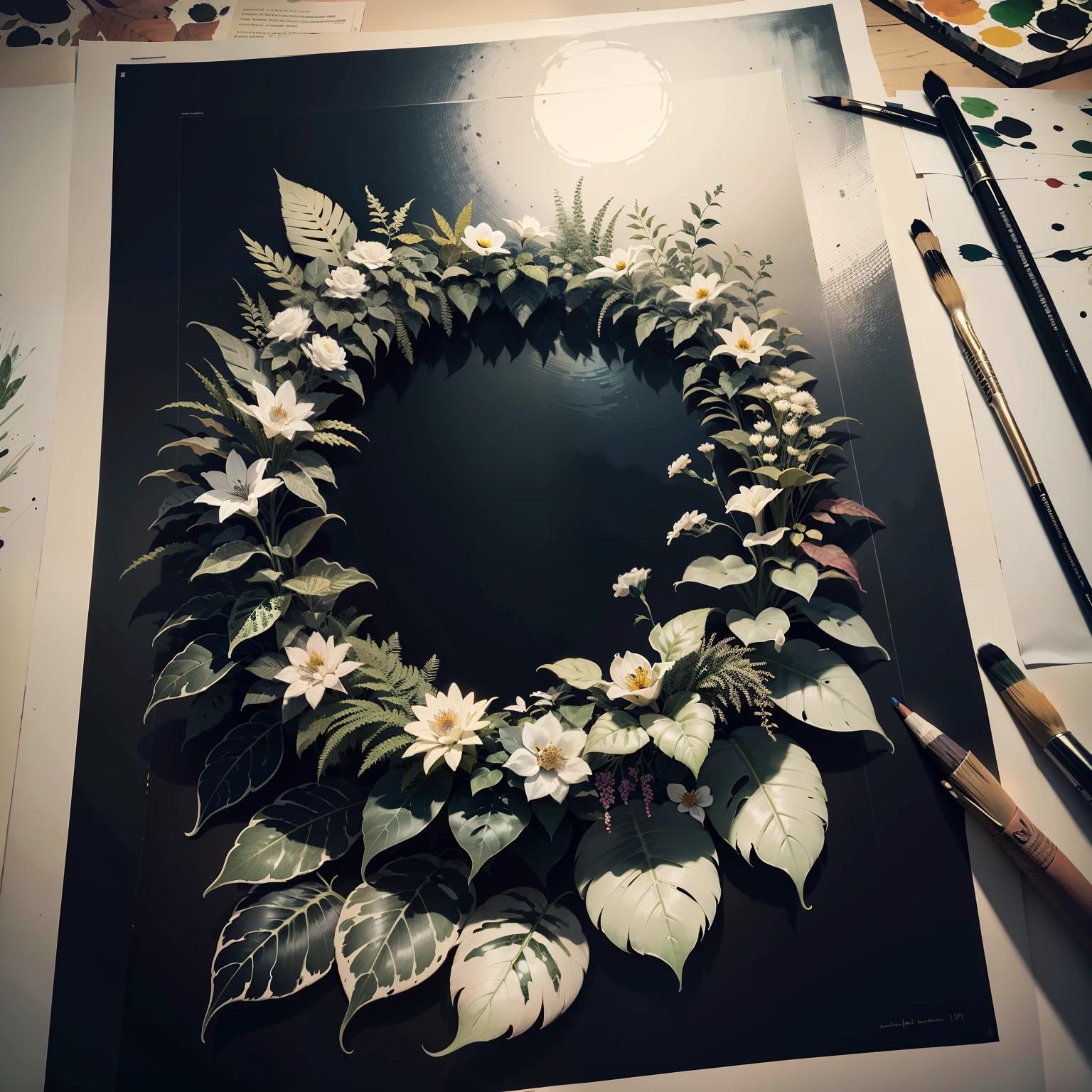 Black and white painting of wreaths and leaves, Coloring - Botany, Full-page illustration, Highly detailed rhythms, Large leaf, Botanical leaves, Clean ink drawing detail lines, Strokes available. Very detailed, Large leaf, Very detailed leaves..., Detailed plants, Flowers and leaves, Detailed strapping work, Wired work, Insanely detailed black lines.