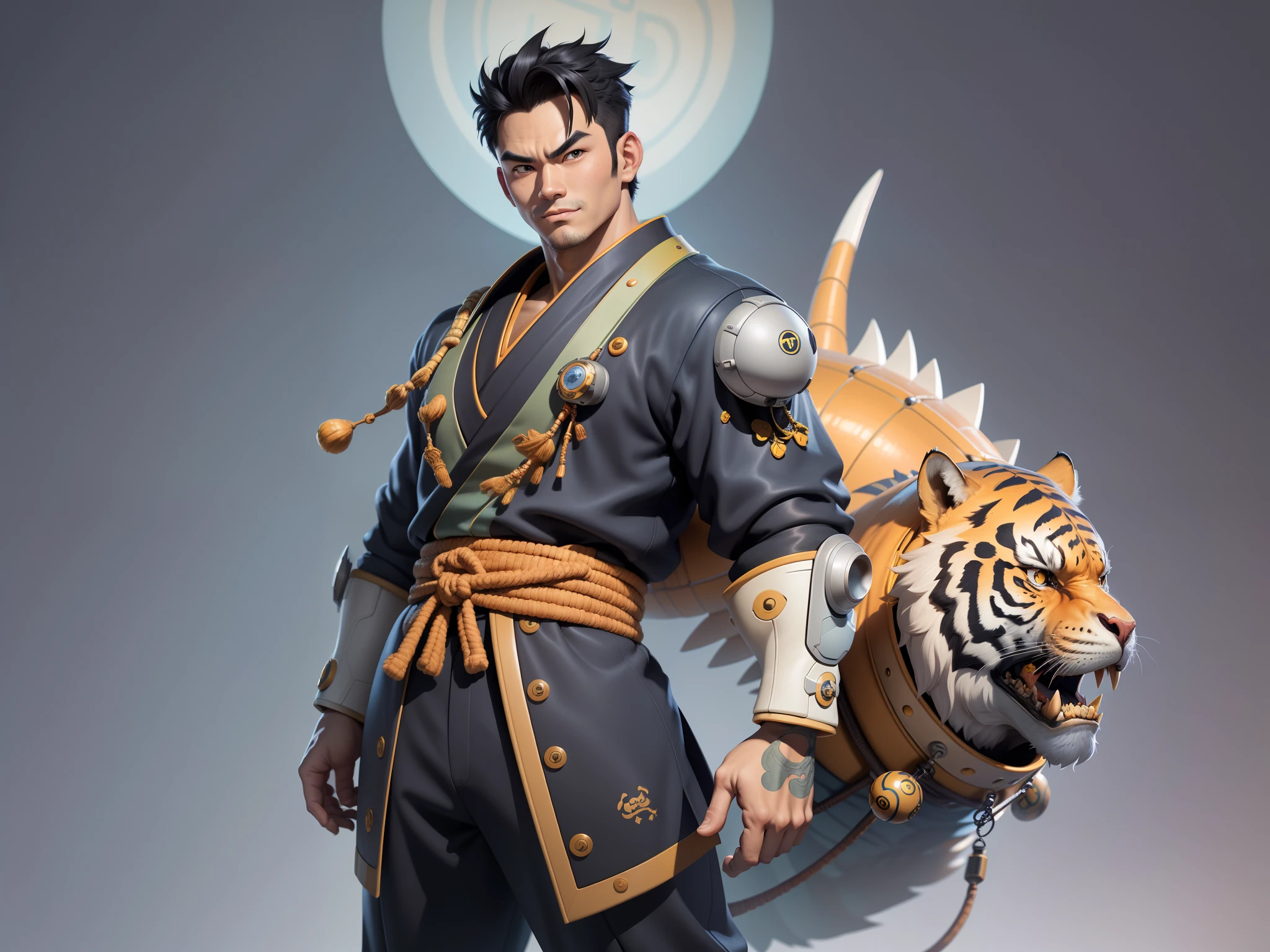 (Masterpiece), (Excellent), (Super Meticulous), (Full Body: 1.2), Super Young Man, Oriental Face, Japanese Kimono, Japanese Wind Thunder God, Dragon, Tiger, TV Anchor, Bust Portrait Illustration, Alone, Black Suit, Blue Tie, Slightly Chubby Face, Very Clean Face, No Beard, Black Super Short Hair, Black Eyes, Confident Smile, 3c Computer Sub-Products, iPad, iPhone, Digital Painting, 3D Character Design by Akira Toriyama and Mark Claireden and Pixar and Hayao Miyazaki, The illustration is a high-definition illustration in 4K resolution with very detailed facial features and cartoon-style visuals.