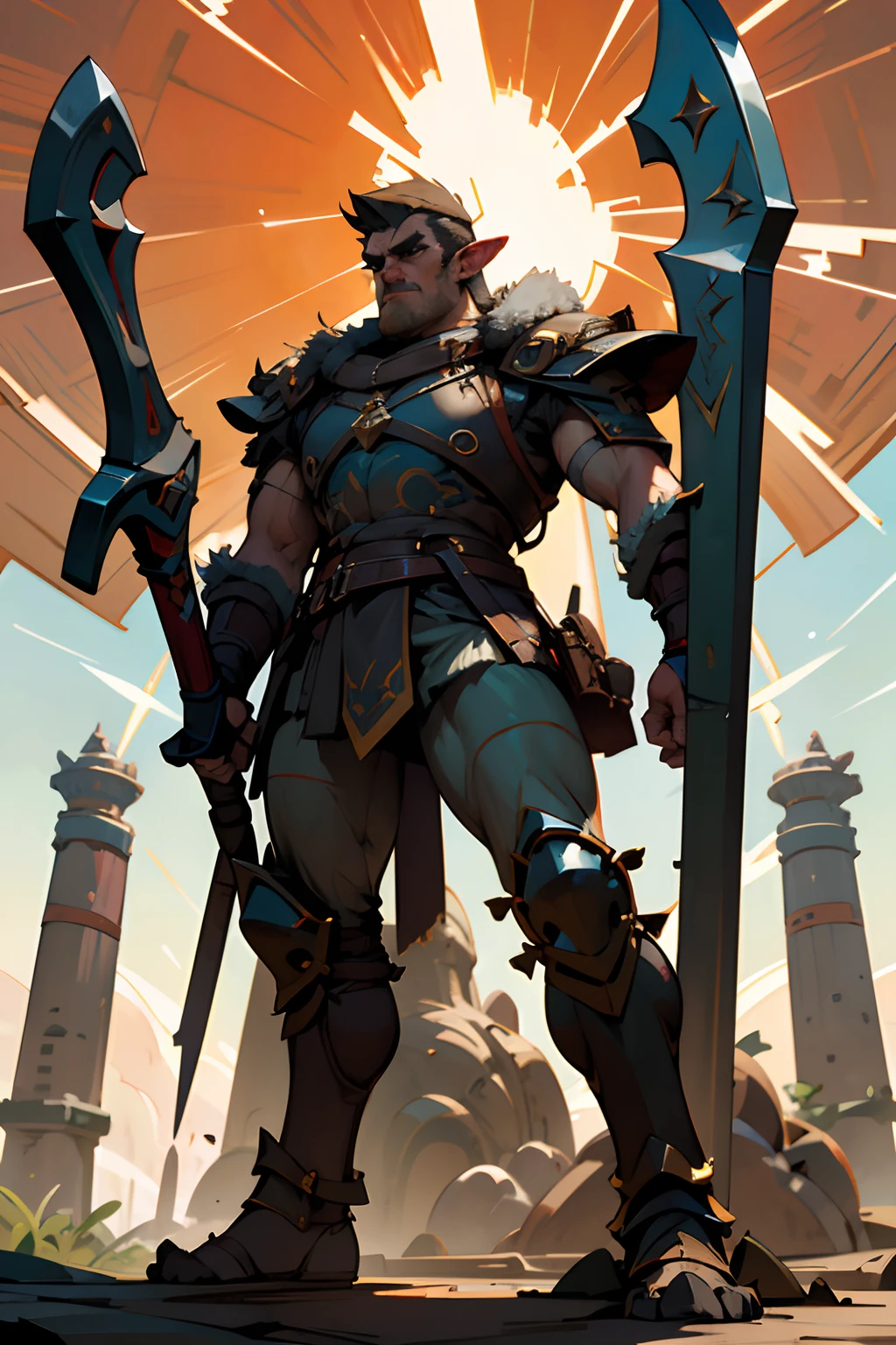 Game character standing drawing design,Disney animation,style of disney animation,Orc male,Leather armor,Fur shoulders,Stout limbs,Exploding muscles,The barefoot,Holding a giant red axe,Different layers overlay,Different angles,(Back all over the body:1.4),solid color backdrop,clean backdrop,depth of fields,high light,Real light,Ray traching,OC renderer,UE5 renderer,Hyper-realistic,best qualtiy,8K,Works of masters,super-fine,Detailed pubic hair,Correct anatomy,
