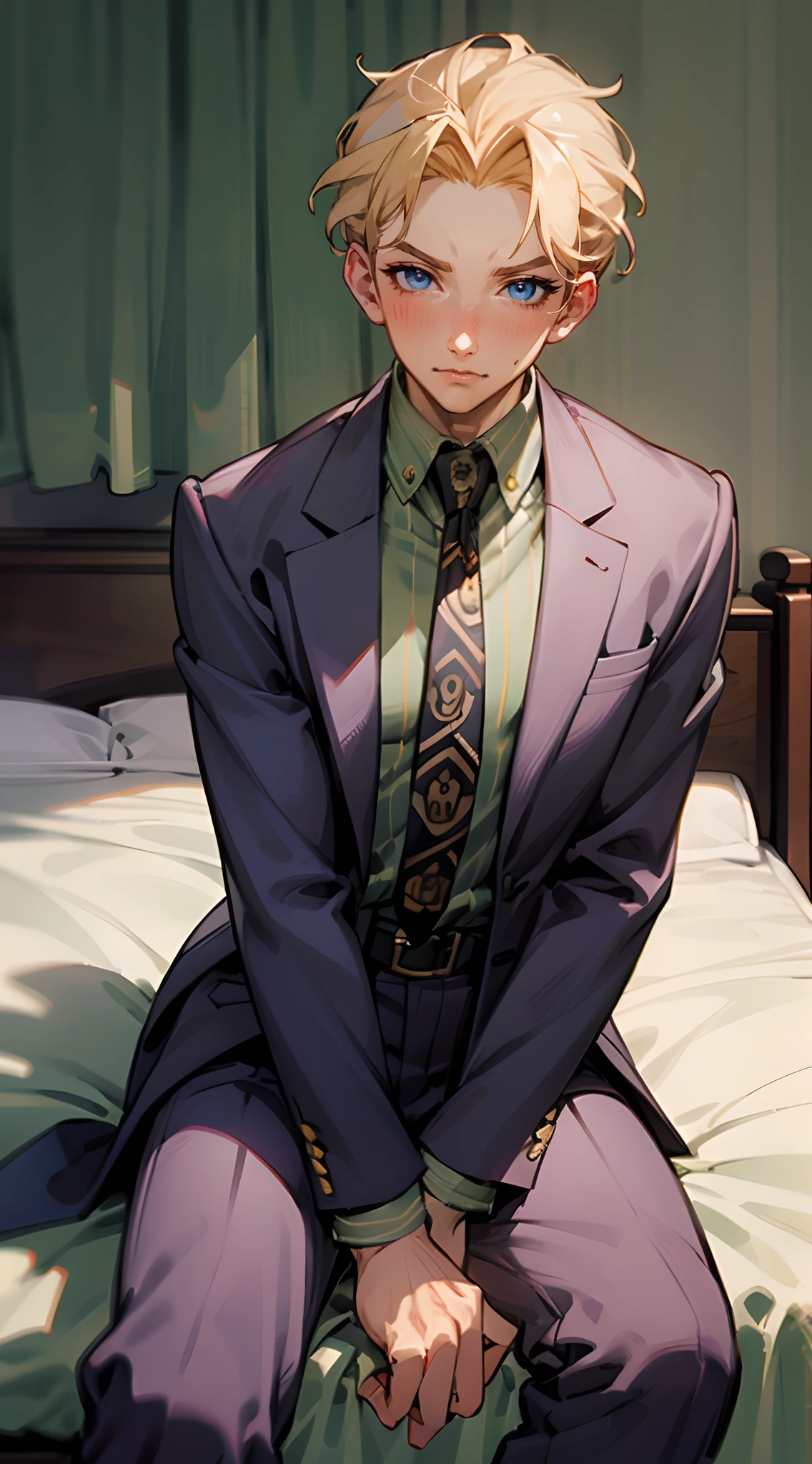 kirayoshikage, kira yoshikage, 1boy, blonde hair, short hair, mature male, cheekbones, blue eyes,
BREAK belt, formal, necktie, shoes, suit, pants
BREAK looking at viewer, shy, blushing, flustered
BREAK bedroom, bed, solo
BREAK (masterpiece:1.2), best quality, high resolution, unity 8k wallpaper, (illustration:0.8), (beautiful detailed eyes:1.6), extremely detailed face, perfect lighting, extremely detailed CG, (perfect hands, perfect anatomy),  sitting on bed down, legs tightly together