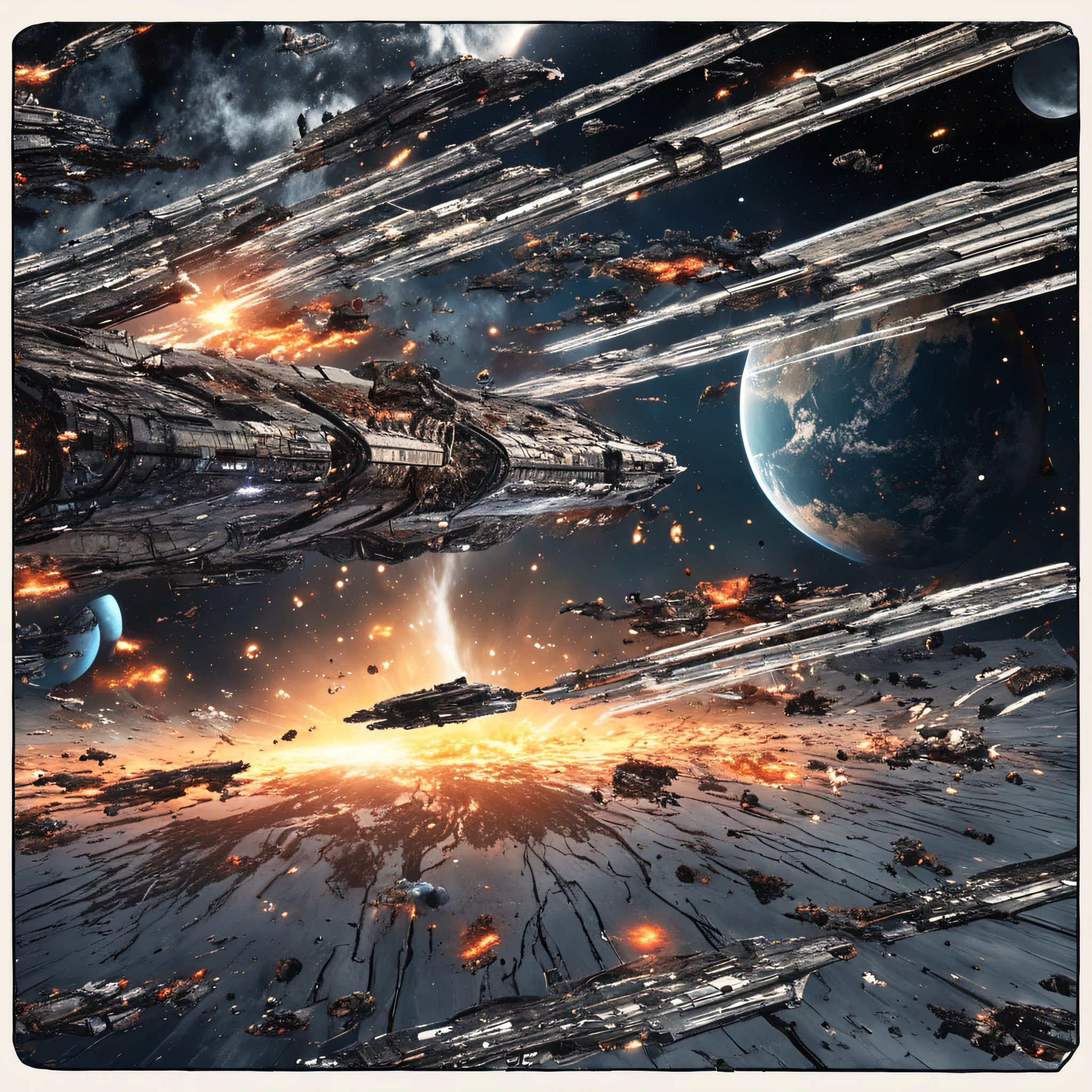 ((Best quality)), ((Masterpiece)), (dramatic scene), The Earth and the Sun collapse into black holes like the Sun, (Post lighting:1.3), As soon as the sun came out, It darkened, (Epic composition:1.2), (The earth is bathed in the glow of random colors:1.3), (CG animation:1.1), Flames and debris are inhaled, (Emergency atmosphere:1.2), (The spacecraft was evacuated urgently:1.3)，(Open the space wormhole:1.3)，People fleeing, (movie atmosphere:1.3), Nebulae and galaxies in the background, (High contrast:1.1), (8K resolution:1.0),
