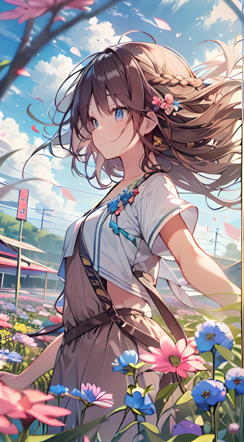 masutepiece, Best Quality,Illustration, Wallpaper, Ultra Detail, Absurd beauty、1 beautiful girl、 (Semi-long hair、short braided hair), Beautiful ultra-detailed eyes , Hair fluttering in the wind、Keep your head small、flower field、great outdoors、Landscape of flower garden