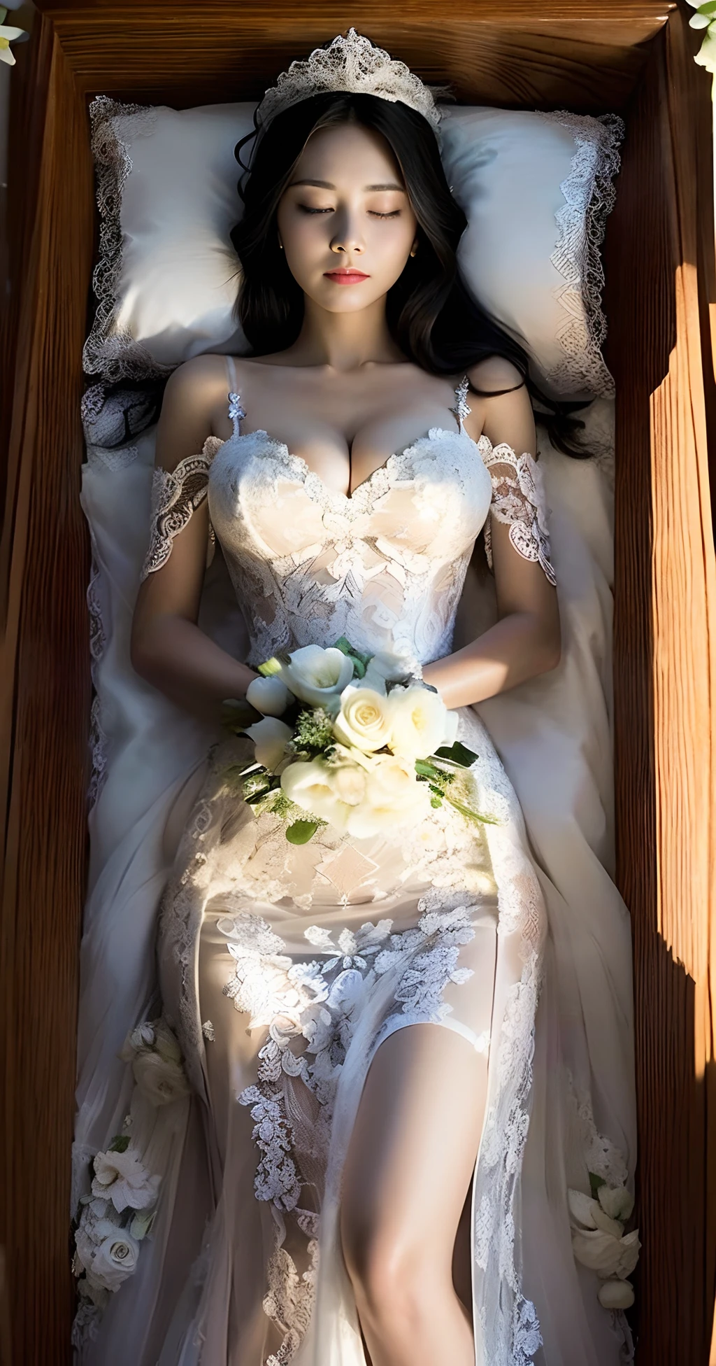1girl, solo, wooden casket, girl sleep in casket, girl laying in casket, eyes closed, closed mouth,(interlocked_fingers:0.961), (own_hands_together:0.971), (straight:0.971), (own_hands_clasped:0.961), (absolute cleavage), straight body, straight legs, big boobs, round breasts, (full body viewed), (sexy breast), (sexy cleavage), (around the casket is a wreath of flowers), (((black hair))), ((blonde hair)), ((wearing white suspender with a V-neckline wedding dress with willow-shaped lace)), ((maid dress)), ((long dress)), head on pillow