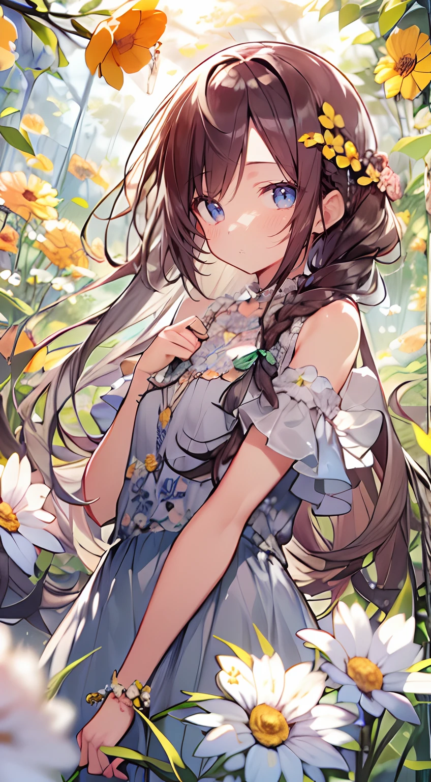 masutepiece, Best Quality,Illustration, Wallpaper, Ultra Detail, Absurd beauty、1 beautiful girl、 (Semi-long hair、short braided hair), Beautiful ultra-detailed eyes , Hair fluttering in the wind、Keep your head small、flower field、great outdoors、Landscape of flower garden