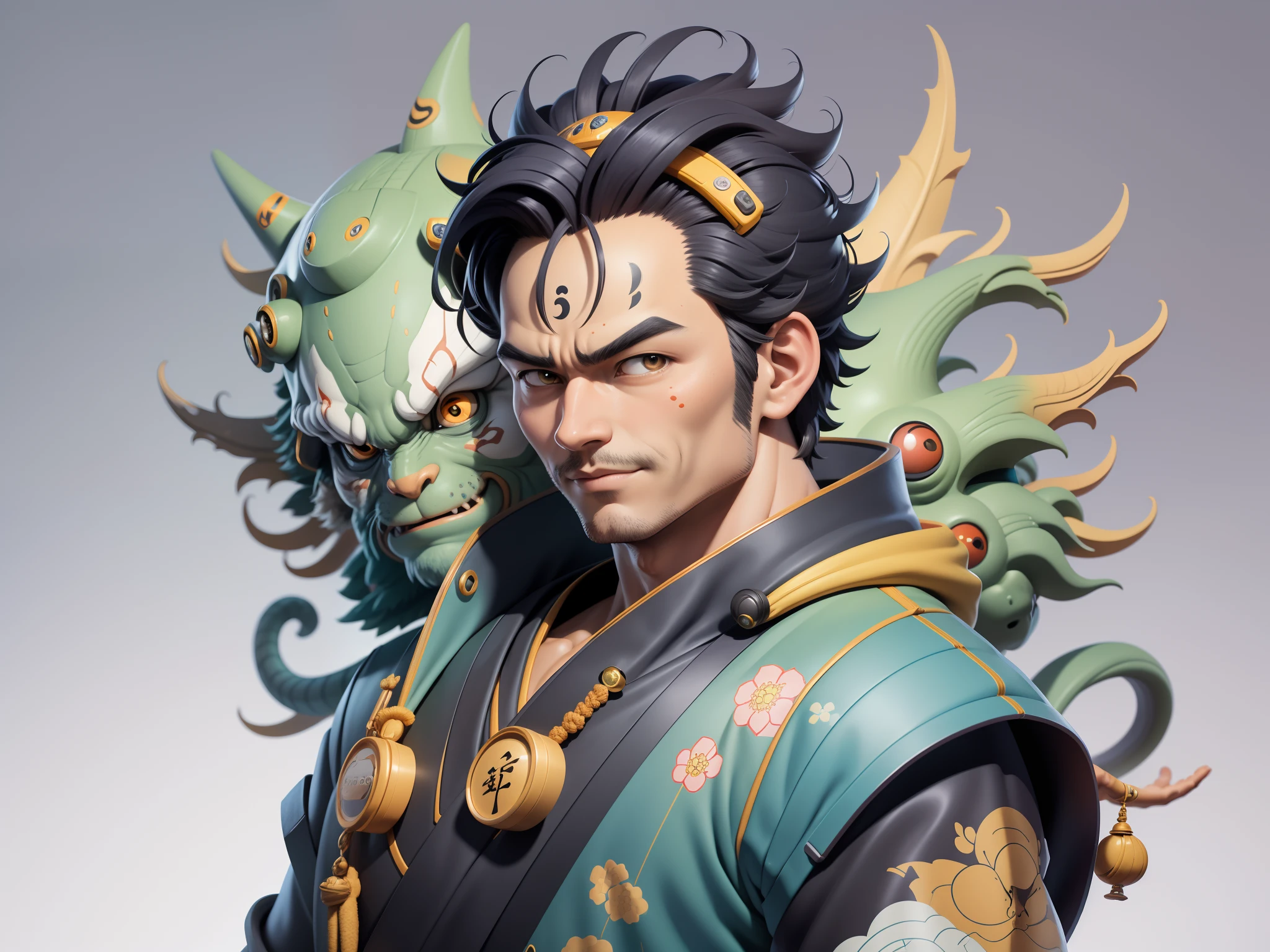 (Masterpiece), (Excellent), (Super Meticulous), (Full Body: 1.2), Super Young Man, Oriental Face, Japanese Kimono, Japanese Wind Thunder God, Dragon, Tiger, TV Anchor, Bust Portrait Illustration, Alone, Black Suit, Blue Tie, Slightly Chubby Face, Very Clean Face, No Beard, Black Super Short Hair, Black Eyes, Confident Smile, 3c Computer Sub-Products, iPad, iPhone, Digital Painting, 3D Character Design by Akira Toriyama and Mark Claireden and Pixar and Hayao Miyazaki, The illustration is a high-definition illustration in 4K resolution with very detailed facial features and cartoon-style visuals.