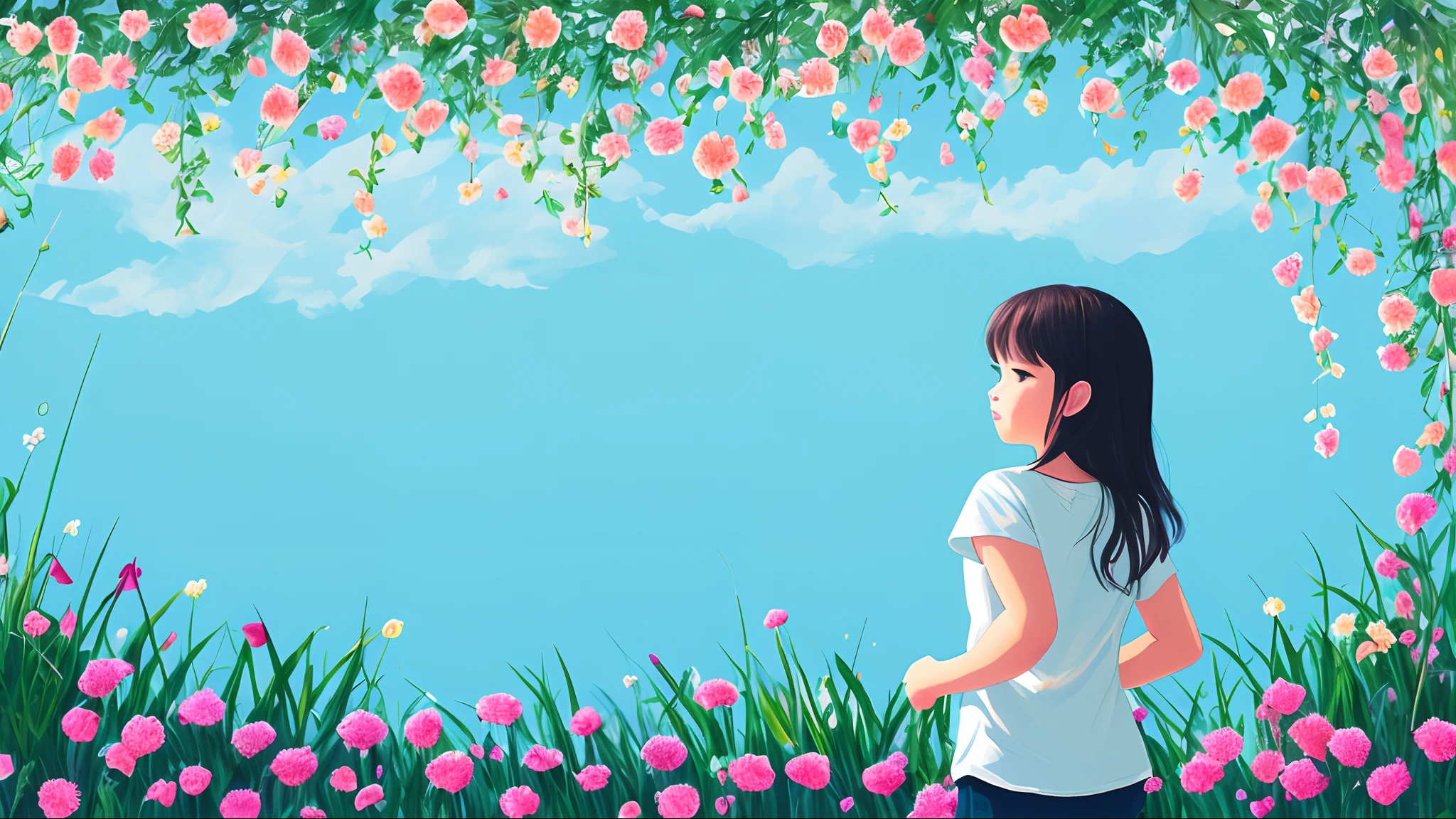Illustration boy sky background A sea of flowers at your feet Girlfriend