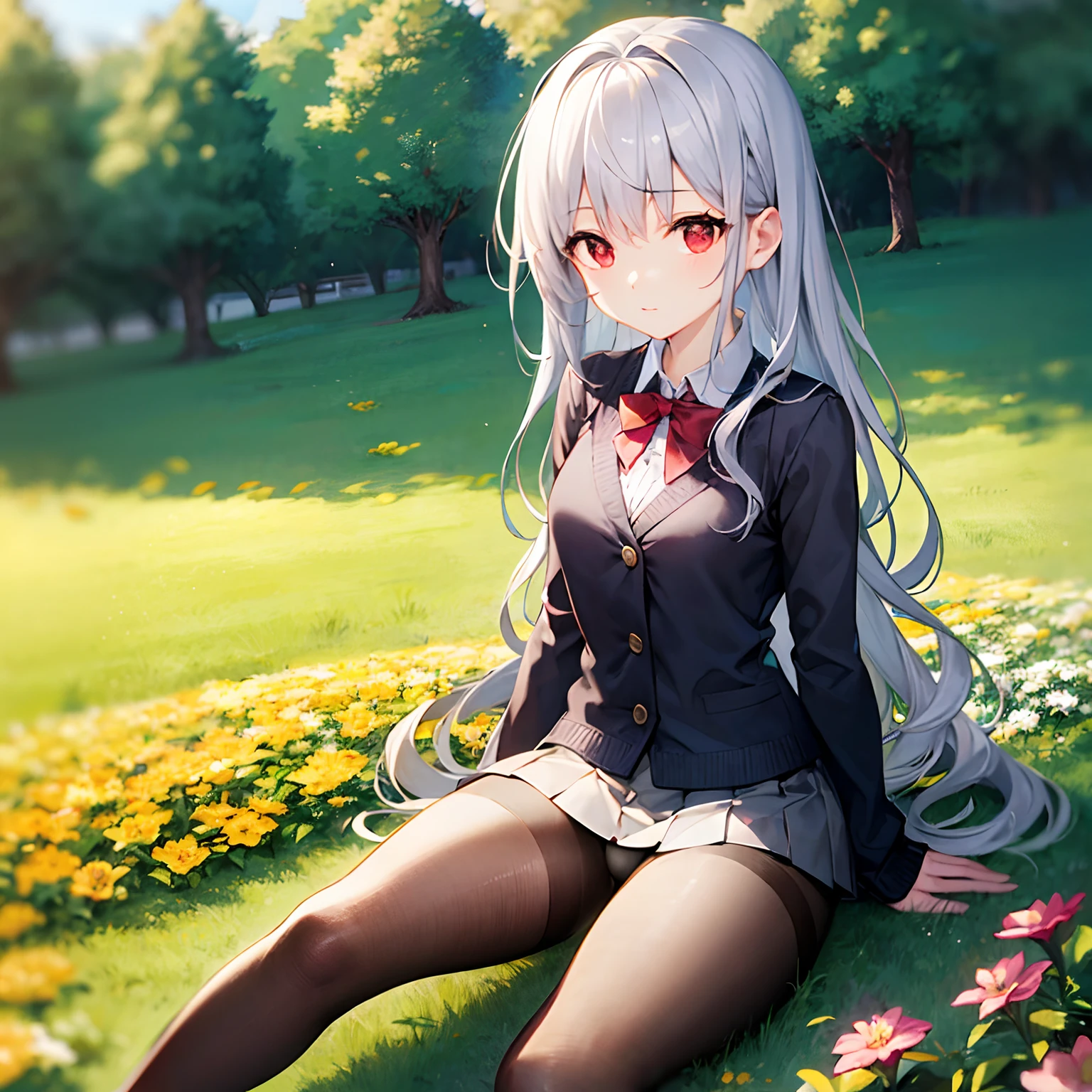 long wavy silver hair、red eyes、Beautiful girl alone、a miniskirt、tights、flower field、sitting on、black panties