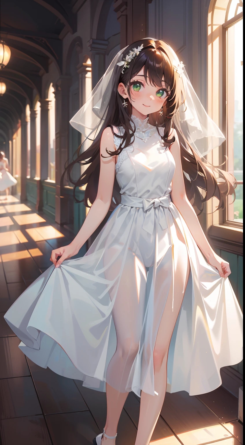 (masterpiece), (best quality), ultra high res, sharp focus, warm pastel tone, ((1 woman, solo)), detailed full body, dutch shot, beautiful detailed hair, chestnut brown hair, long hair tumbles down, beautiful detailed face, ((beautiful shape eyes, green eyes)), comfortable face, perfect feminine face, looking at the viewer, smiles, bare shoulders, (feminine wedding wardrobe:1.2), in the ballroom, style raw --1
