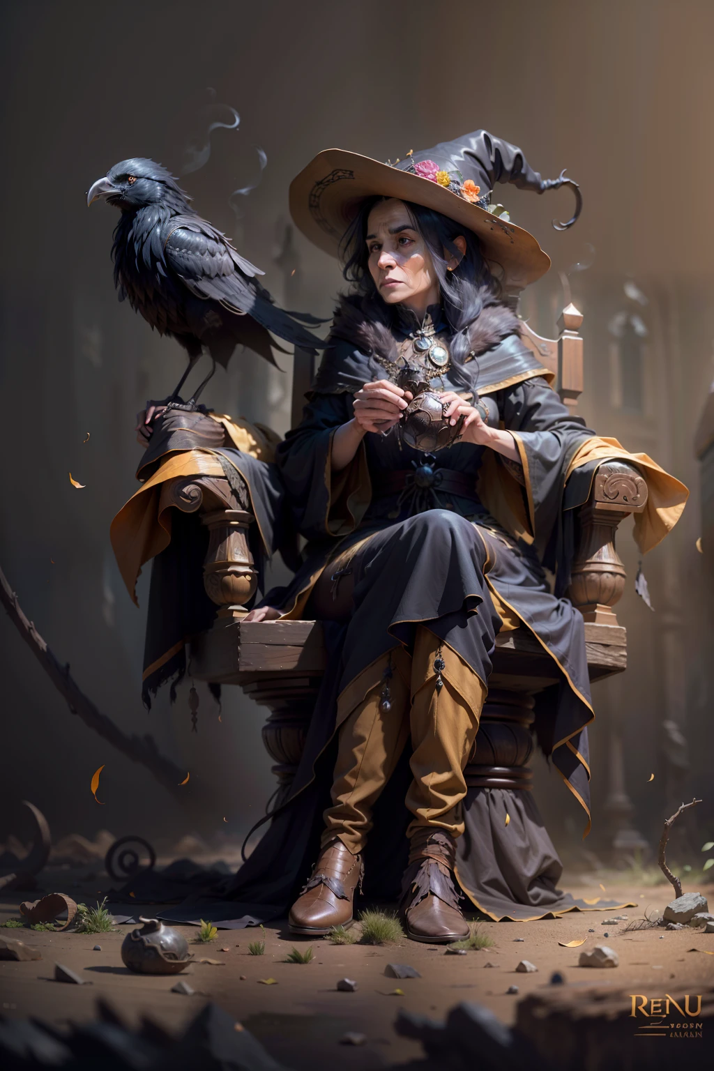 An old witch sits in a Kadilau chair in the background，She was holding a Soniste crow ，solid color backdrop，clean backdrop，depth of fields，high light，Real light，Ray traching，OC renderer，UE5 renderer，Hyper-realistic，best qualtiy，8K，Works of masters，super-fine，Detailed pubic hair，Correct anatomy，