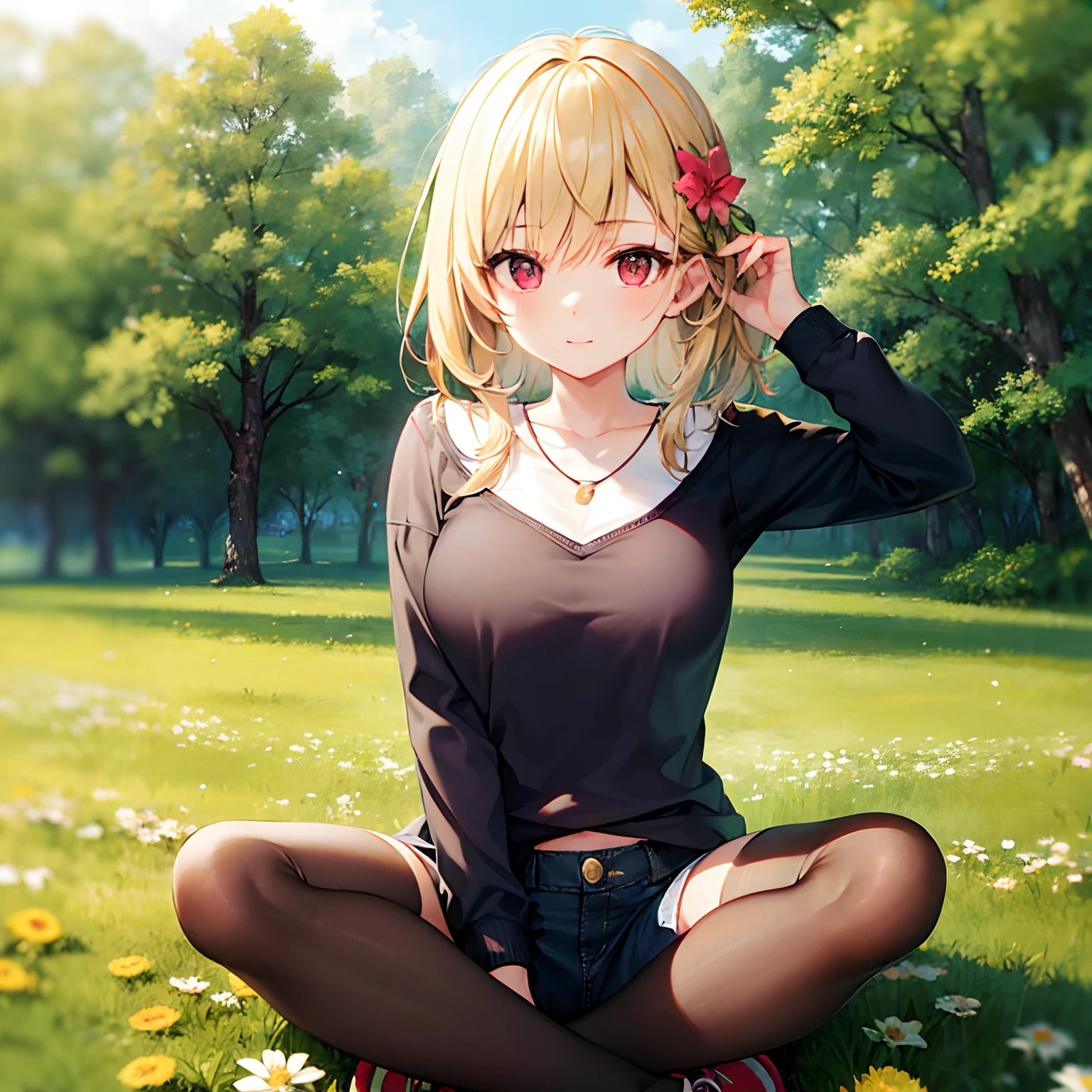 a blond、red eyes、Beautiful girl alone、short pants、Black tights、flower  field、sitting on、