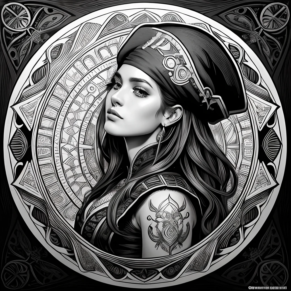Centred potrait of a female Pirate, black and white, zentangle (best quality) ultra-detailed, fine line drawing, fine line art, coloring book illustration style, intricate linework, highly detailed illustration, perfect composition, beautiful and stunning, dynamic angle, high contrast, incredible shading, incredible detail, unique style, black and white details, (dark and mystical atmosphere), intricate and detailed nature elements.