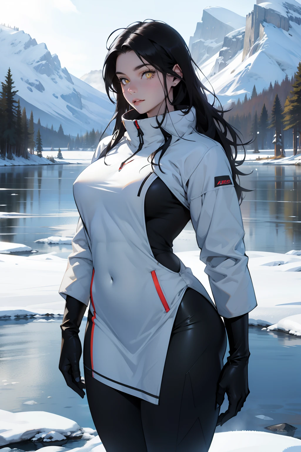 1 girl, black hair, yellow eyes, very long hair, pale skin, curvy, (extremely muscular), perky breasts, (winter clothes), frozen lake
