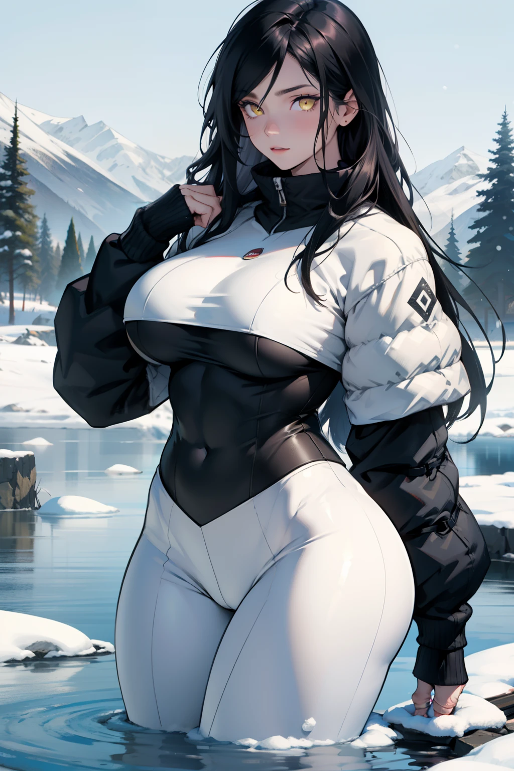 1 girl, black hair, yellow eyes, very long hair, pale skin, curvy, (extremely muscular), perky breasts, (winter clothes), frozen lake