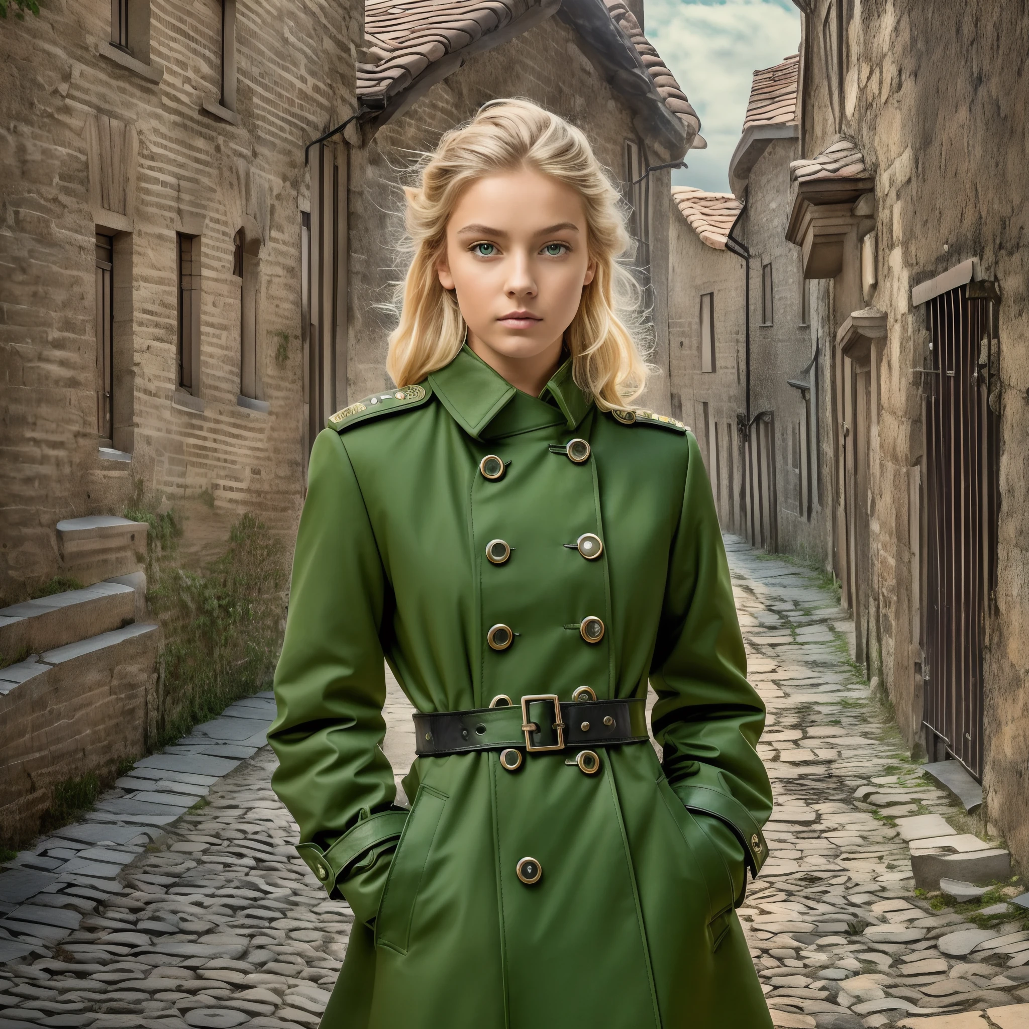 One lonely young adult girl, Tall stature, little chest, closed mouth, Slavic appearance: Green eyes; blond hair; sharp facial features; dimple on the chin; Straight nose; high nose; pronounced high cheekbones; high forehead, stands upright, wears a military uniform: Dark green double-breasted overcoat with 6 fasteners; gray pants; high black boots; black leather gloves, Standing in the middle of the street, Background in the picture: A street with a stone paved road with European stone houses from the first half of the 20th century; People in clothes of the mid-20th century, High quality shadows, High quality of light, High quality clothing, Masterpiece picture quality, max detail, Masterpiece quality, High-definition image.