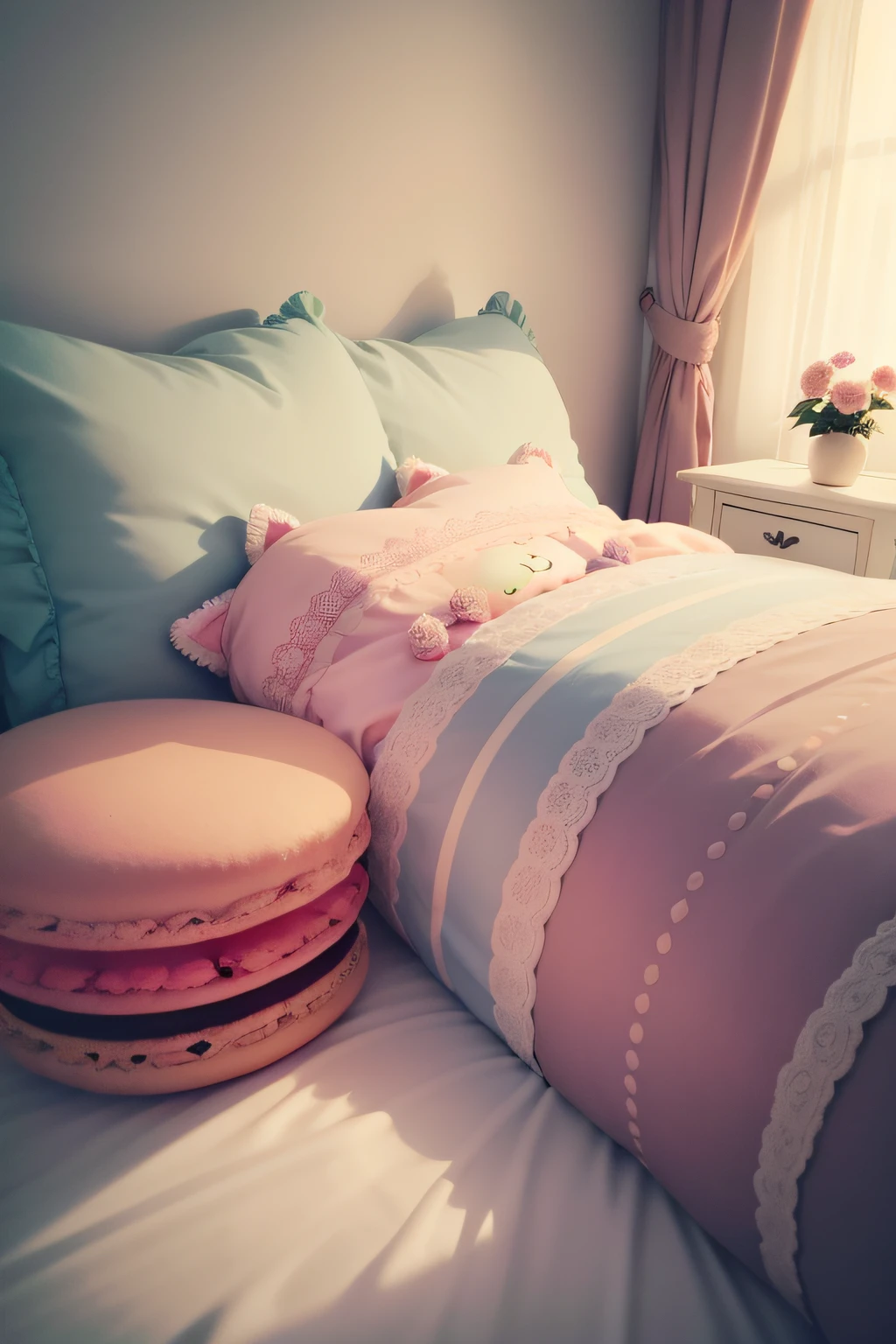 Pure background room,Plush doll,Macaron tones,Large throw pillows,Don't show up characters