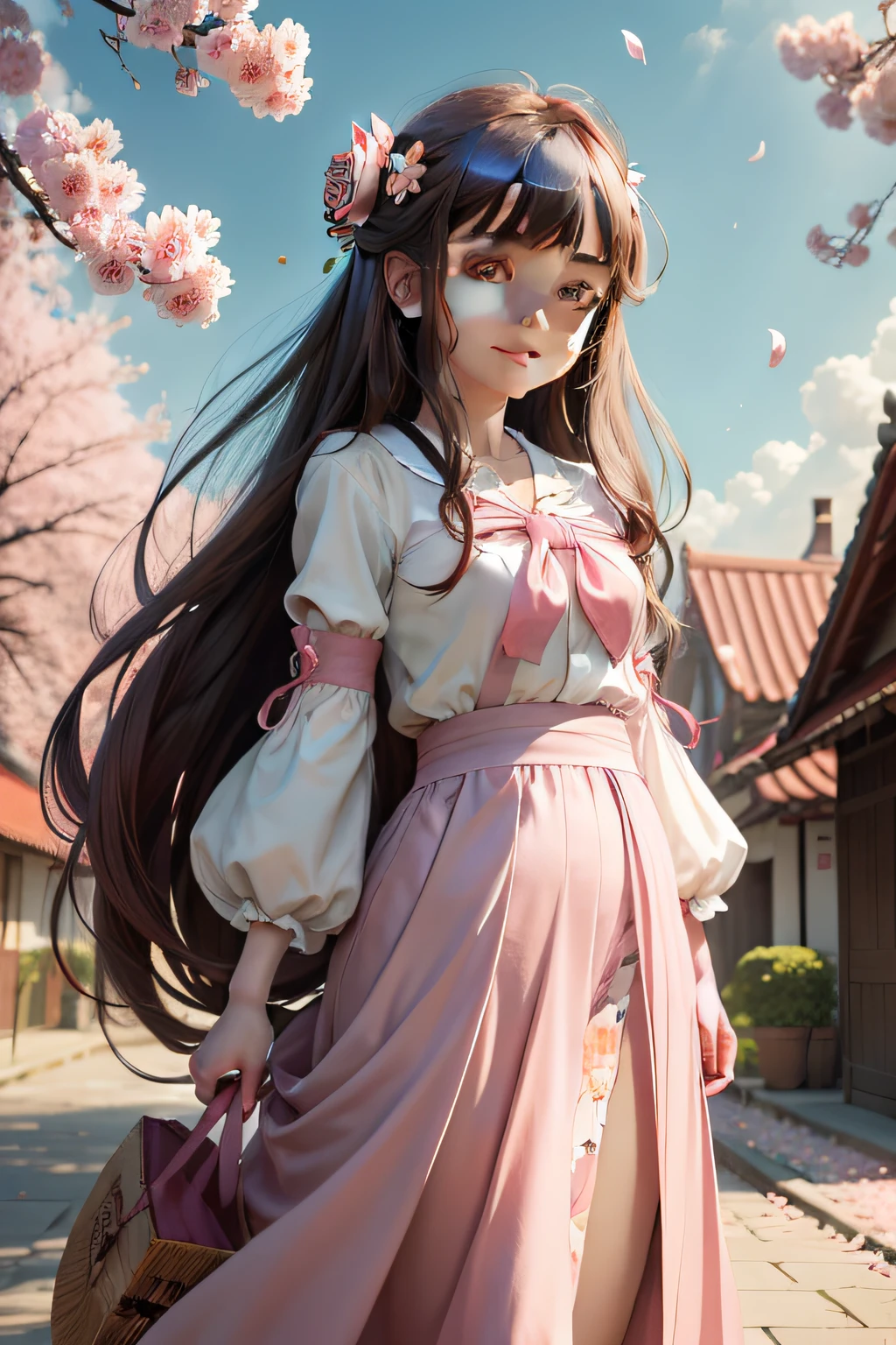 a girl with long hair standing in front of a tree with pink flowers and pink petals, anime art, cloud, sky, pink_background, pink_sky, pink_theme, cherry_blossoms, tree,branch, falling_petals, hanami, petals, spring_\(season\), petals_on_liquid, 1girl, looking_at_viewer, rose_petals, dango, solo, wind, sanshoku_dango, long_hair, plum_blossoms, pink_flower, tube, flower, smile, short_sleeves, leaves_in_wind, brown_hair, open_mouth, bangs, neckerchief,