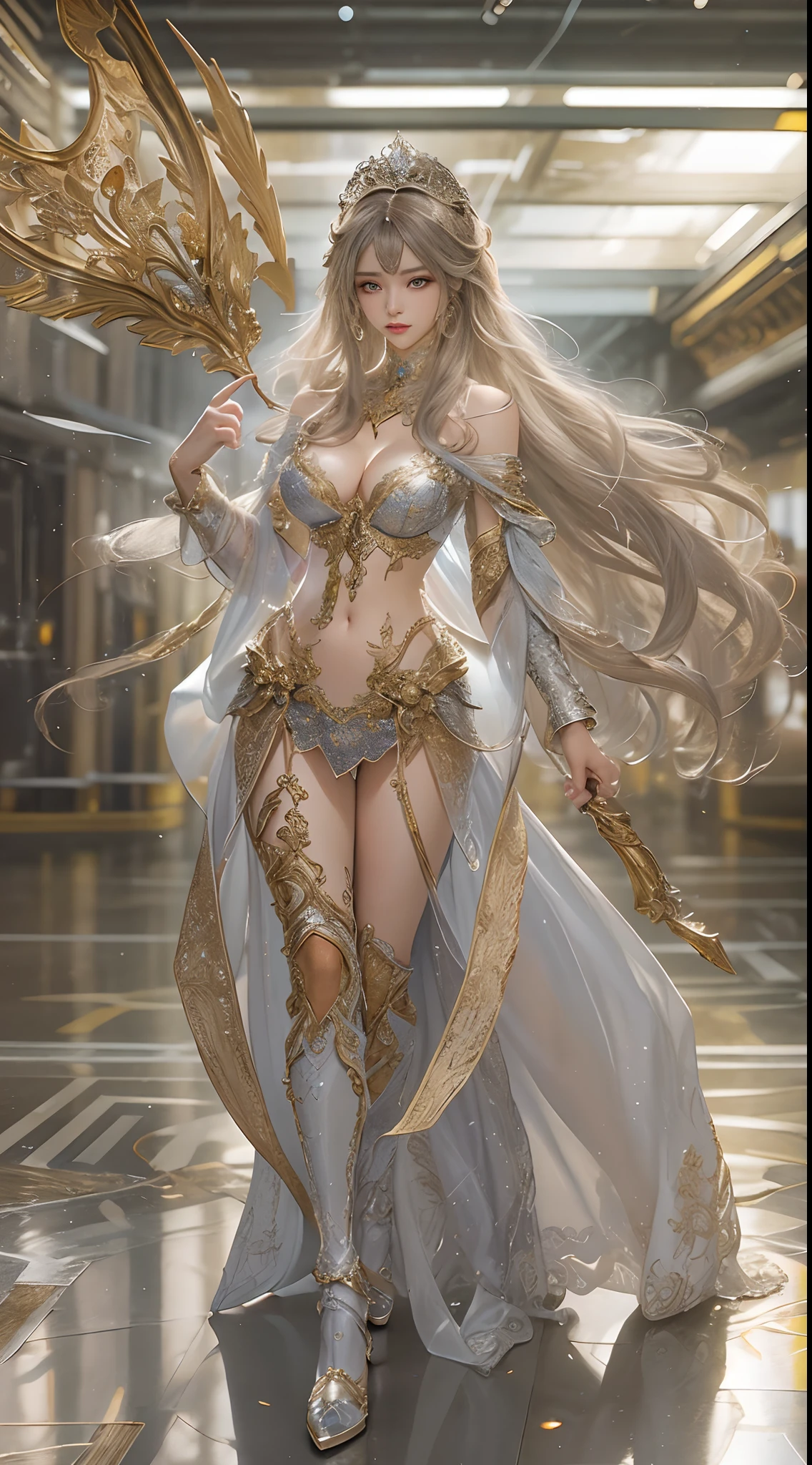 Woman in a golden transparent dress,High heels, (((Huge breasts, Large cleavage))),Slim waist,(navel baring,Bare waist), Long hair, Ultra-detailed details,High-end Zhenyi station, Rainstorm site, detailed fantasy art, Stunning character art, Beautiful and exquisite character art, Beautiful gold and silver armor, Extremely detailed, Girl in shiny armor, Exquisite tiaras and jewelry,Crystal jewelry filigree, Full body capture, milky ways, Stunning visuals, (dynamic streaks, light tracks:1.2), Vibrant colors,