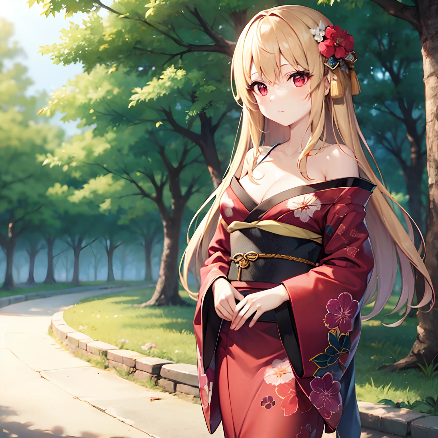 a blond、red eyes、Beautiful girl alone、Kimono with fancy patterns、Off-shoulder、in woods、is standing、sideways Facing