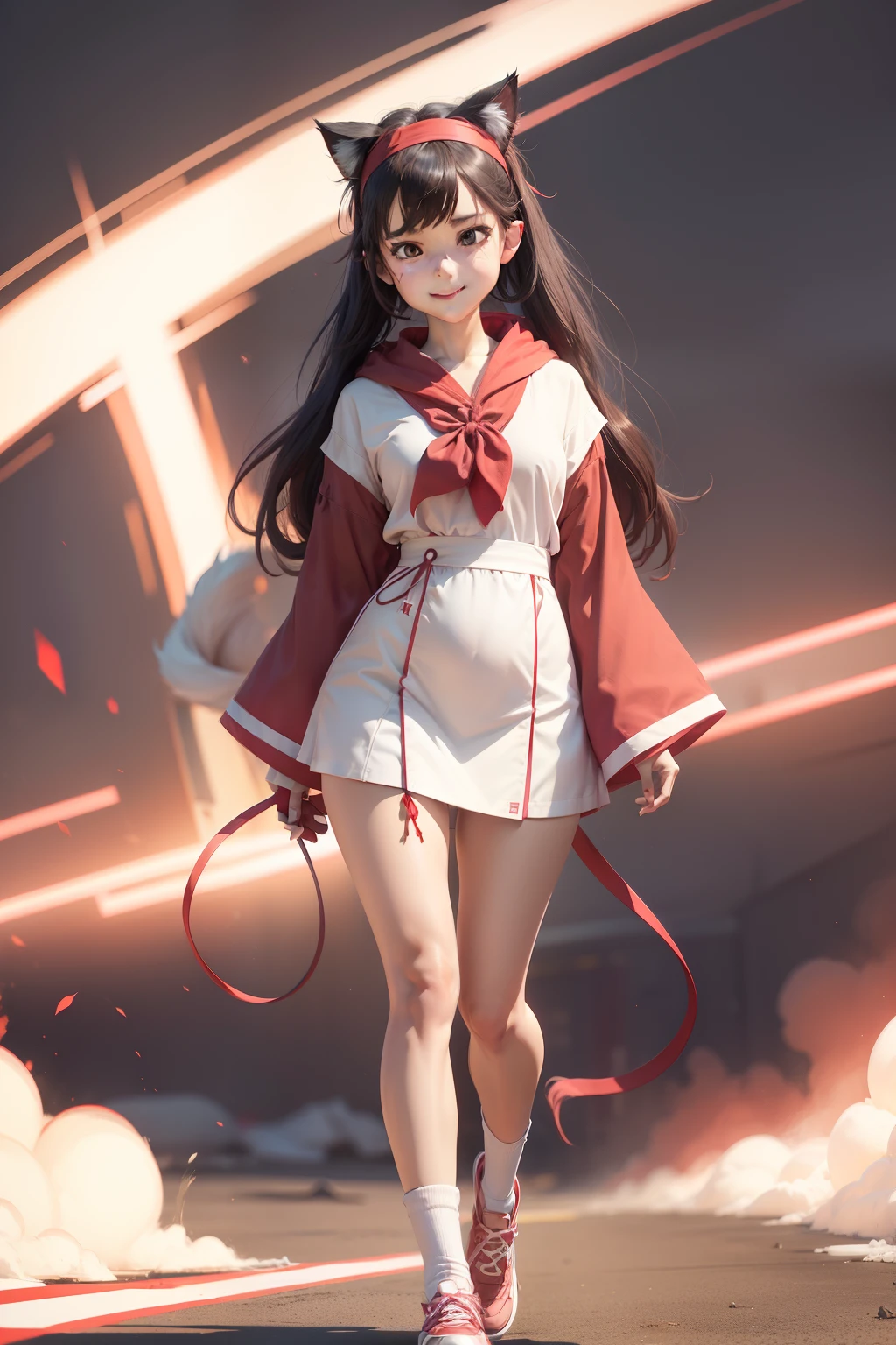 female character, cat ears, pigtail hair, dark brown hair, (((red headband))), classic pink and white Clerica outfit, sweet smile, skinny, full body, anime icon, new jersey, looking at face camera, 8k, full length, best background, clergyman's robe, masterpice, awesome titles, ultra HD, cute expression, insane title