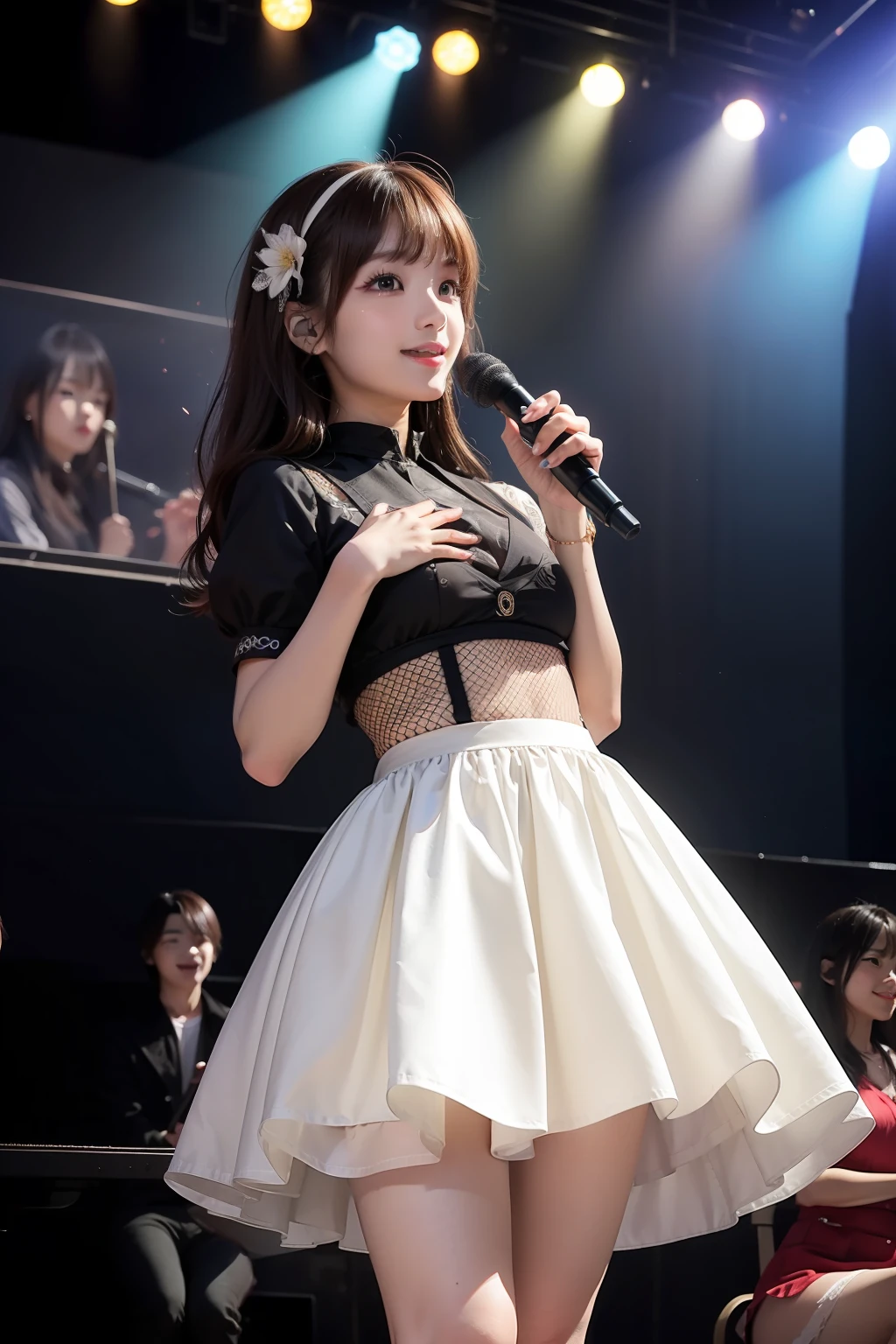 masterpiece, top-quality, 8K, full-body view、flered skirt、Idol stage costumes, s, Clean face, looking at the viewers, A smile, Hold the microphone and sing、A hyper-realistic, hight resolution, a picture, film grains, foco nítido, nffsw, face lights, Dynamic lighting, 电影灯光, Professional Shadows, (Background of the concert venue:1.4), highestdetailed, authentic skin, delicated facial features, detailed faces and eyes, Sharp pupils、