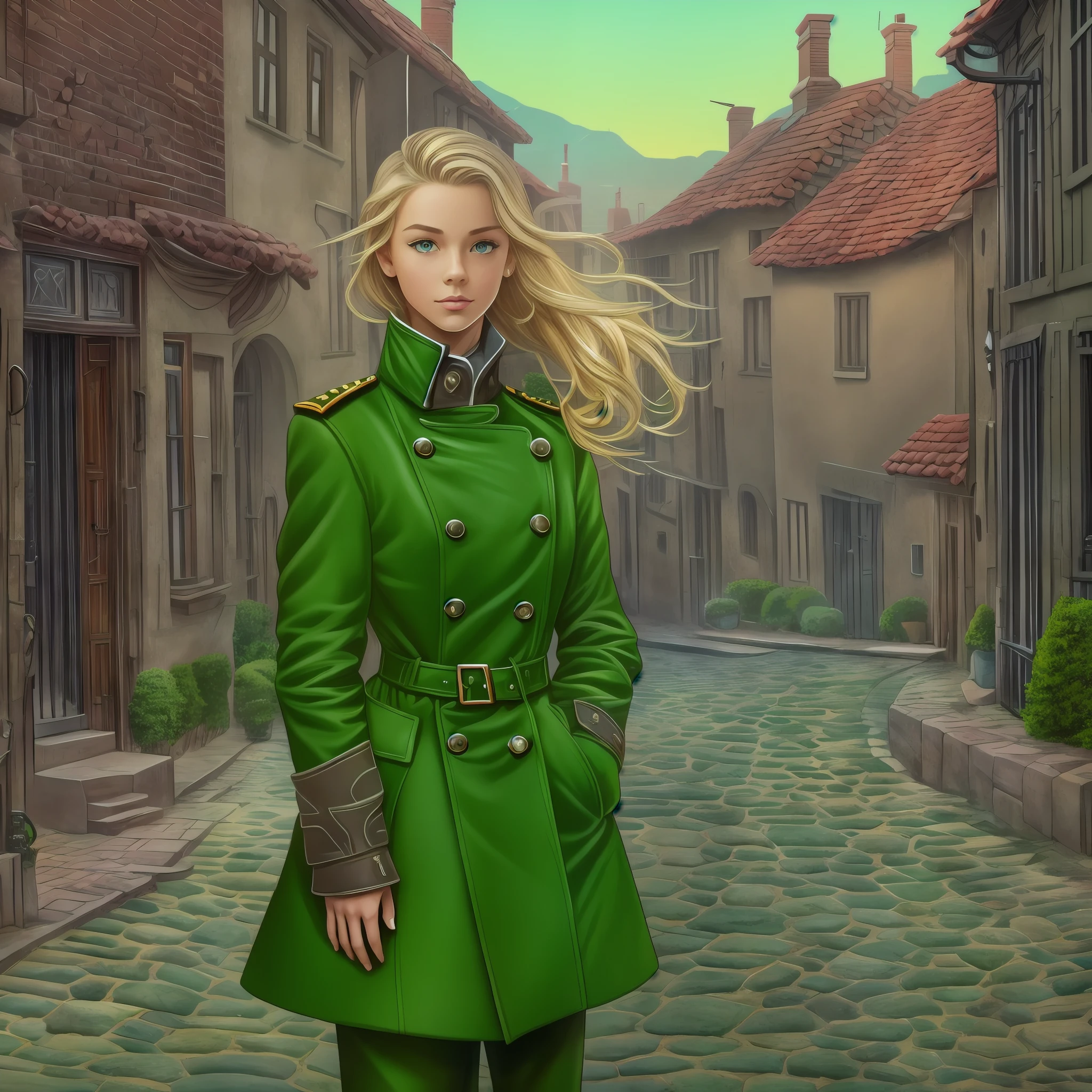 One lonely young adult girl, Tall stature, little chest, closed mouth, Slavic appearance: Green eyes; blond hair; sharp facial features; dimple on the chin; Straight nose; high nose; pronounced high cheekbones; high forehead, stands upright, wears a military uniform: Dark green double-breasted overcoat with 6 fasteners; gray pants; high black boots; black leather gloves, Standing in the middle of the street, Background in the picture: A street with a stone paved road with European stone houses from the first half of the 20th century; People in clothes of the mid-20th century, High quality shadows, High quality of light, High quality clothing, Masterpiece picture quality, max detail, Masterpiece quality, High-definition image.
