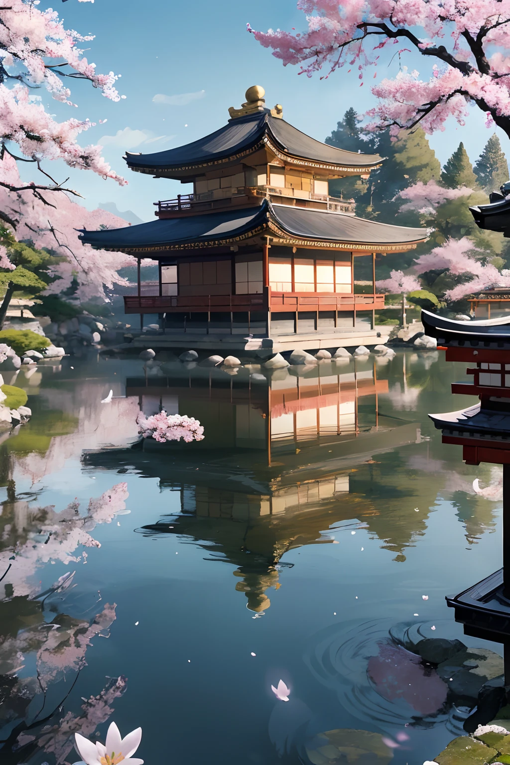 A breathtaking view of Kyoto, capturing the essence of its ancient charm and modern elegance. The iconic Kinkaku-ji (Golden Pavilion) is reflected in the still waters of its pond, while cherry blossoms add a touch of seasonal beauty. Medium: Photography. Style: Photo hyper-realism, reminiscent of the works of renowned landscape photographers like Ansel Adams. Lighting: Soft, diffused sunlight of early morning, casting a warm glow on the temple and creating a serene atmosphere. Colors: A palette dominated by the golden hues of the pavilion, contrasted with the lush greens of the surrounding garden and the soft pinks of cherry blossoms.