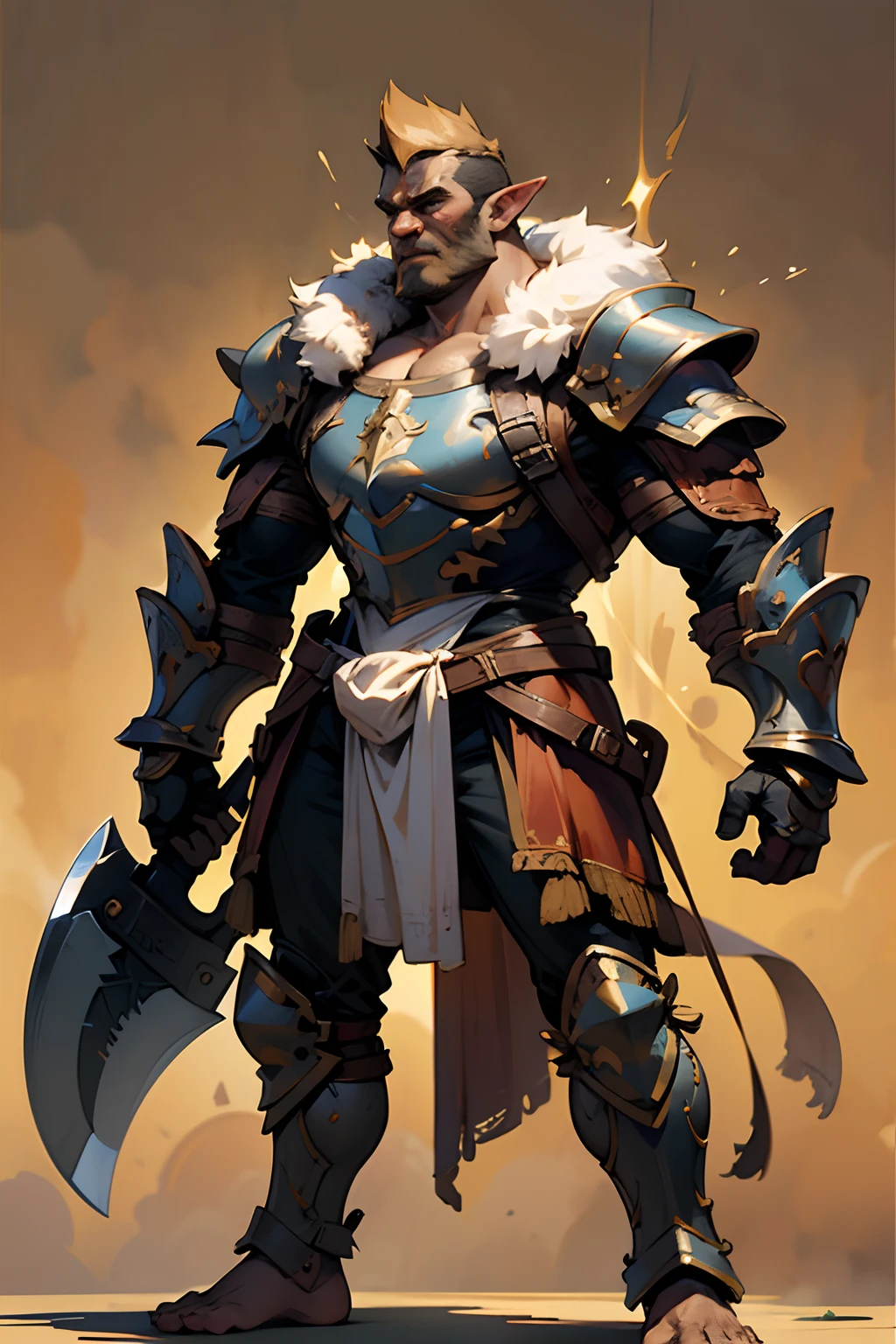 Game character standing drawing design,Disney animation,style of disney animation,Orc male,Leather armor,Fur shoulders,Stout limbs,Muscle explosions,The barefoot,Armed with a huge red axe,Different layers overlay,Different angles,(Back all over the body:1.4),solid color backdrop,clean backdrop,depth of fields,high light,Real light,Ray traching,OC renderer,UE5 renderer,Hyper-realistic,best qualtiy,8K,Works of masters,super-fine,Detailed pubic hair,Correct anatomy,
